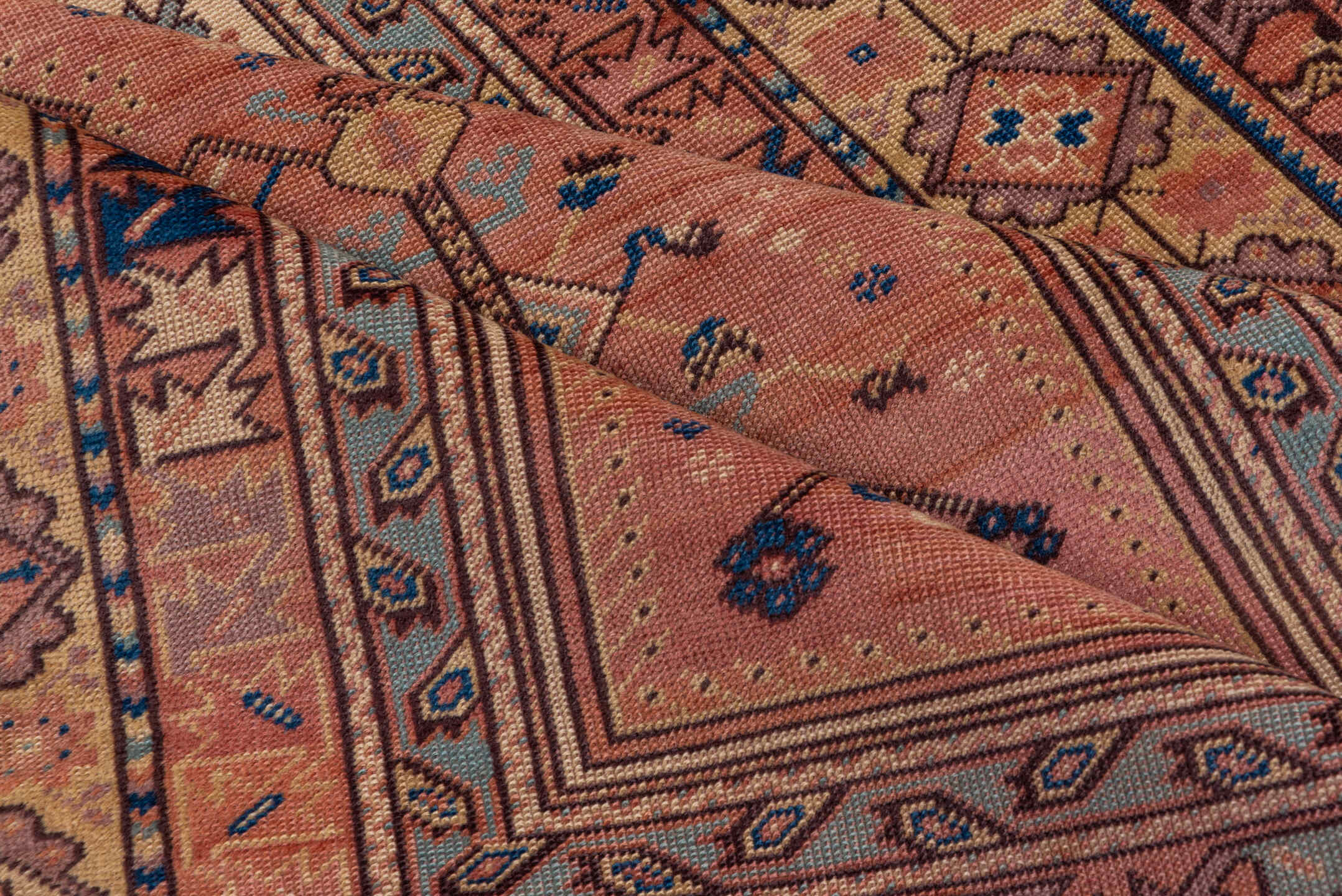 3' x 4' one-of-a-kind handmade vintage Anatol small size rug. Color palette: pink, brown, gray, blue, light gray, off-white