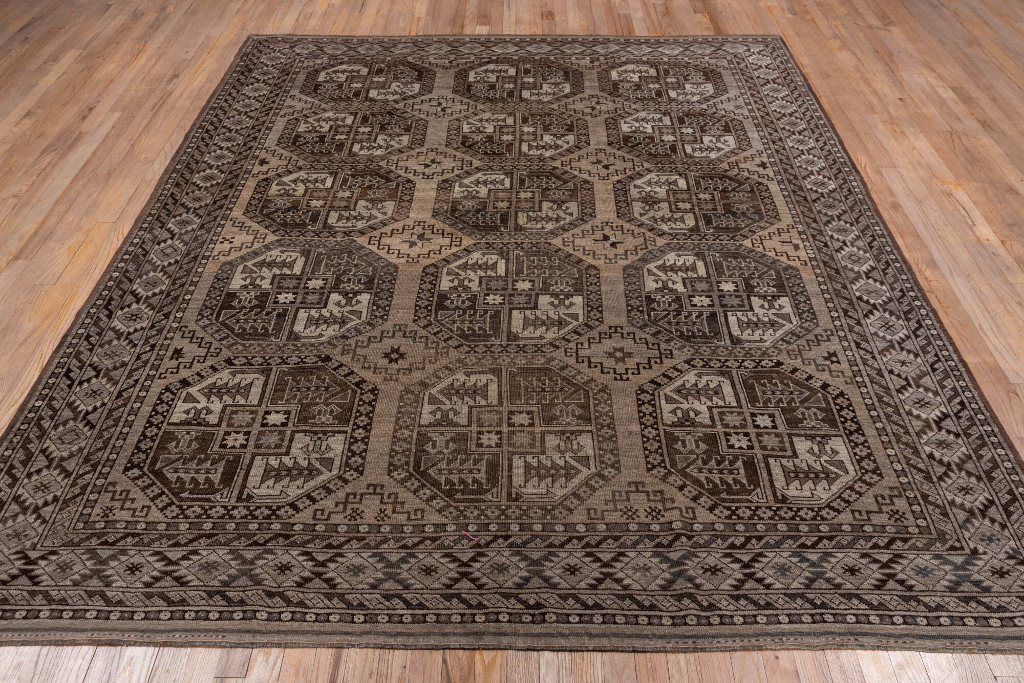 7' x 9' one-of-a-kind handmade vintage Afghan rug. Color palette: brown, gray, off-white, pink, snow, white, whitesmoke