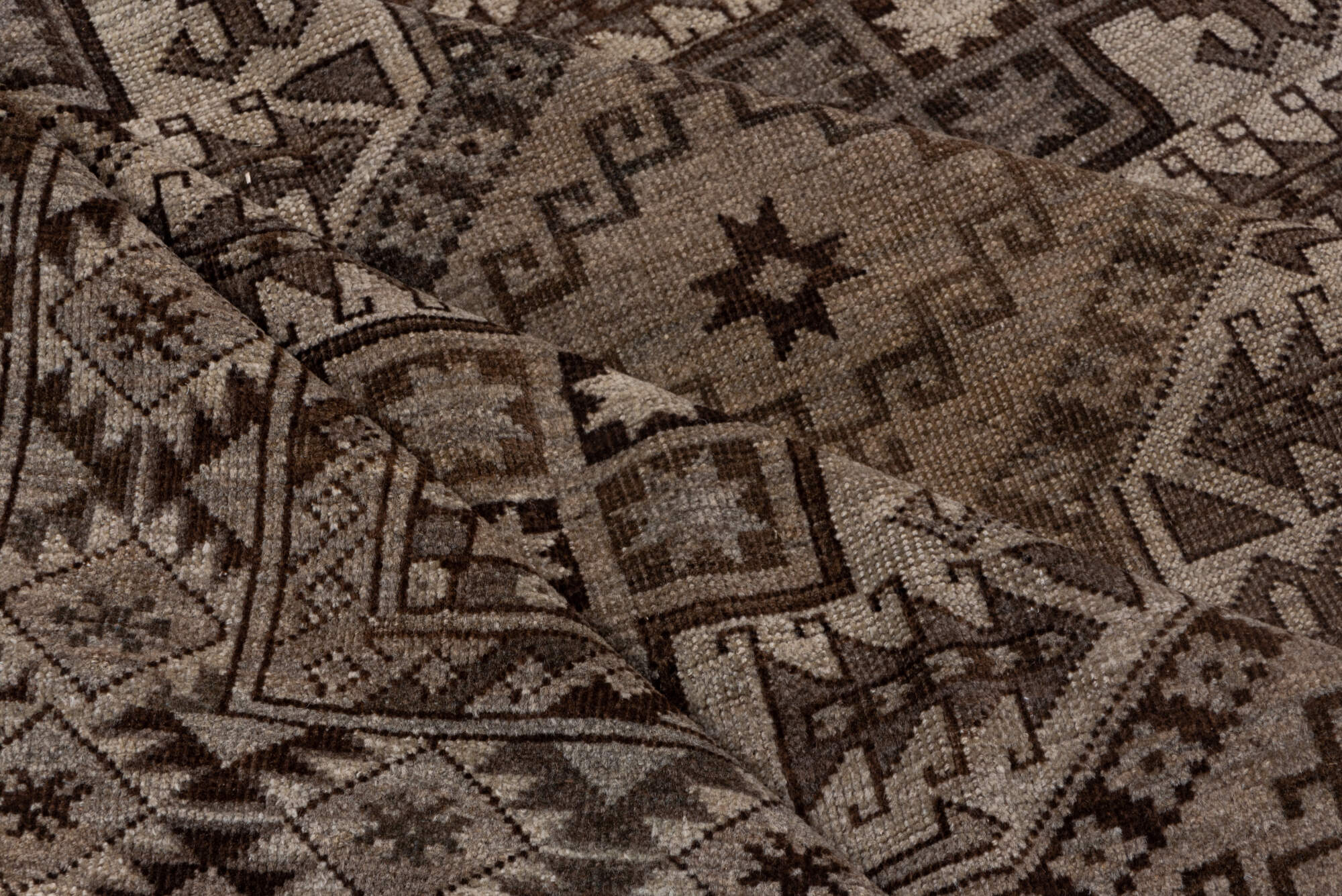 7' x 9' one-of-a-kind handmade vintage Afghan rug. Color palette: brown, gray, off-white, pink, snow, white, whitesmoke