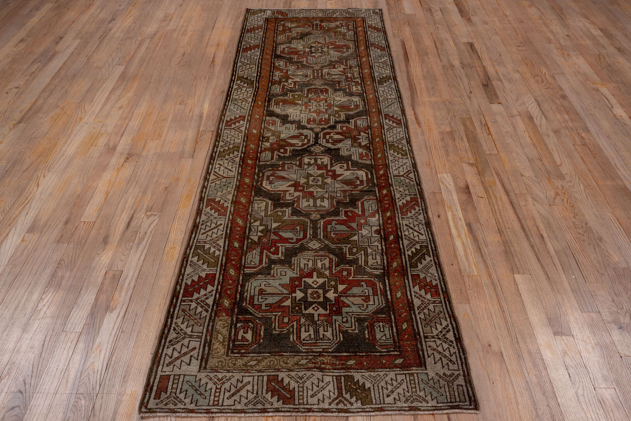 3' x 9' one-of-a-kind handmade vintage Malayer runner rug. Color palette: gray, brown, red, off-white, white, snow