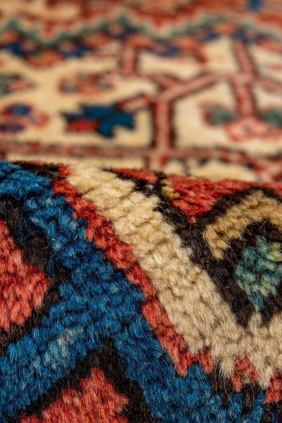 8' x 10' one-of-a-kind handmade vintage Heriz large size rug. Color palette: blue, gray, brown, red, pink, orange, off-white