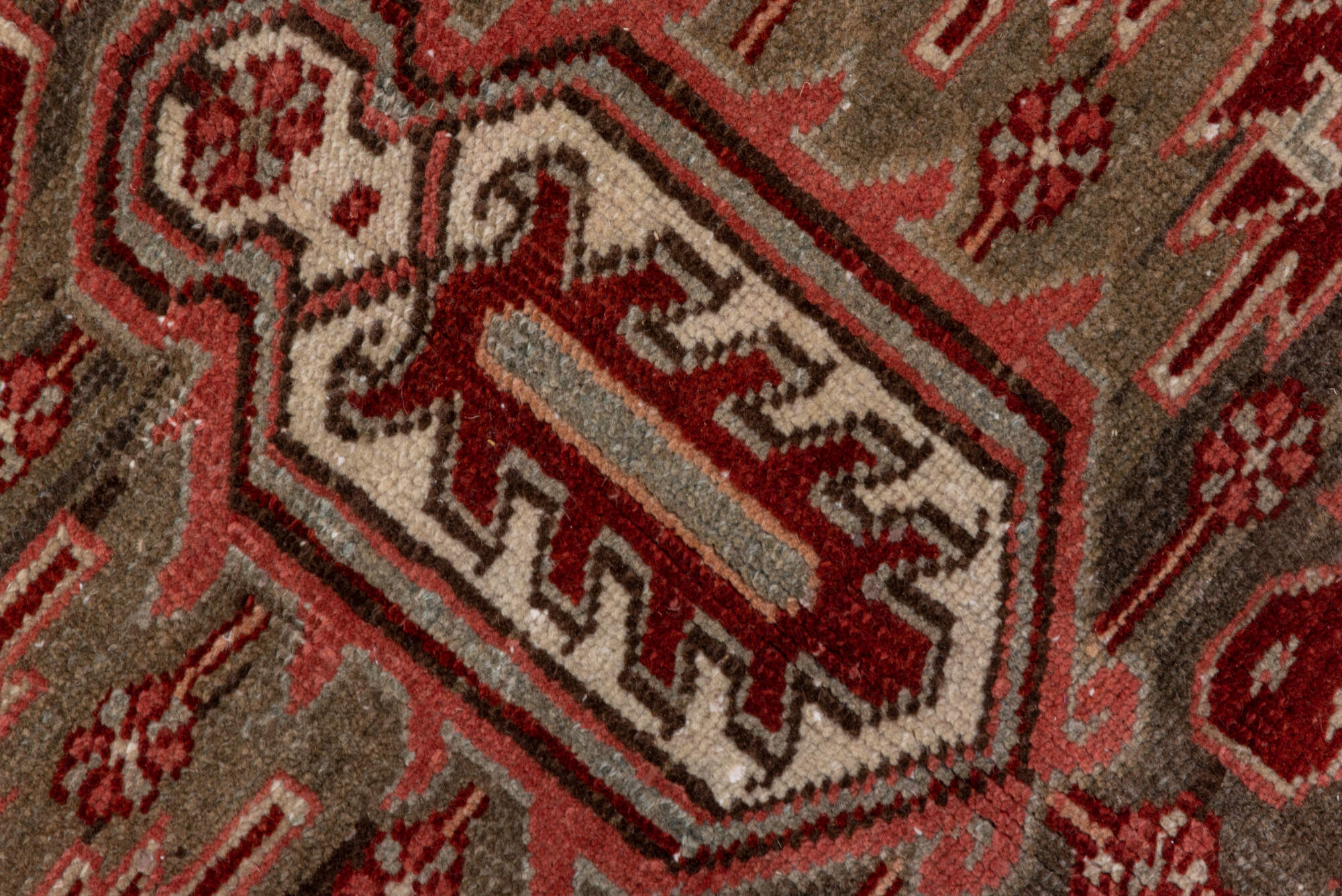 8' x 12' one-of-a-kind handmade vintage Heriz large size rug. Color palette: brown, gray, light gray, pink, red