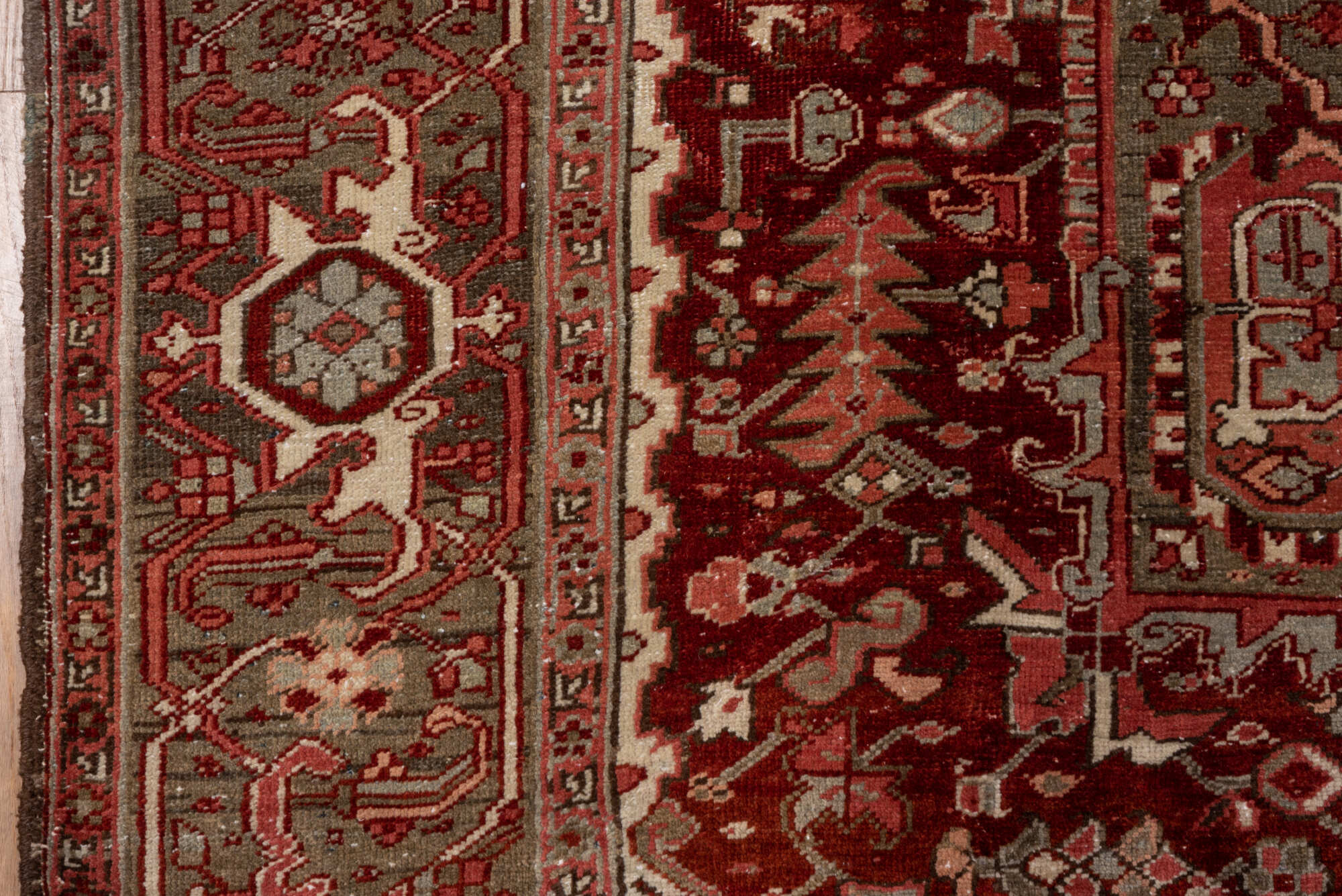 8' x 12' one-of-a-kind handmade vintage Heriz large size rug. Color palette: brown, gray, light gray, pink, red