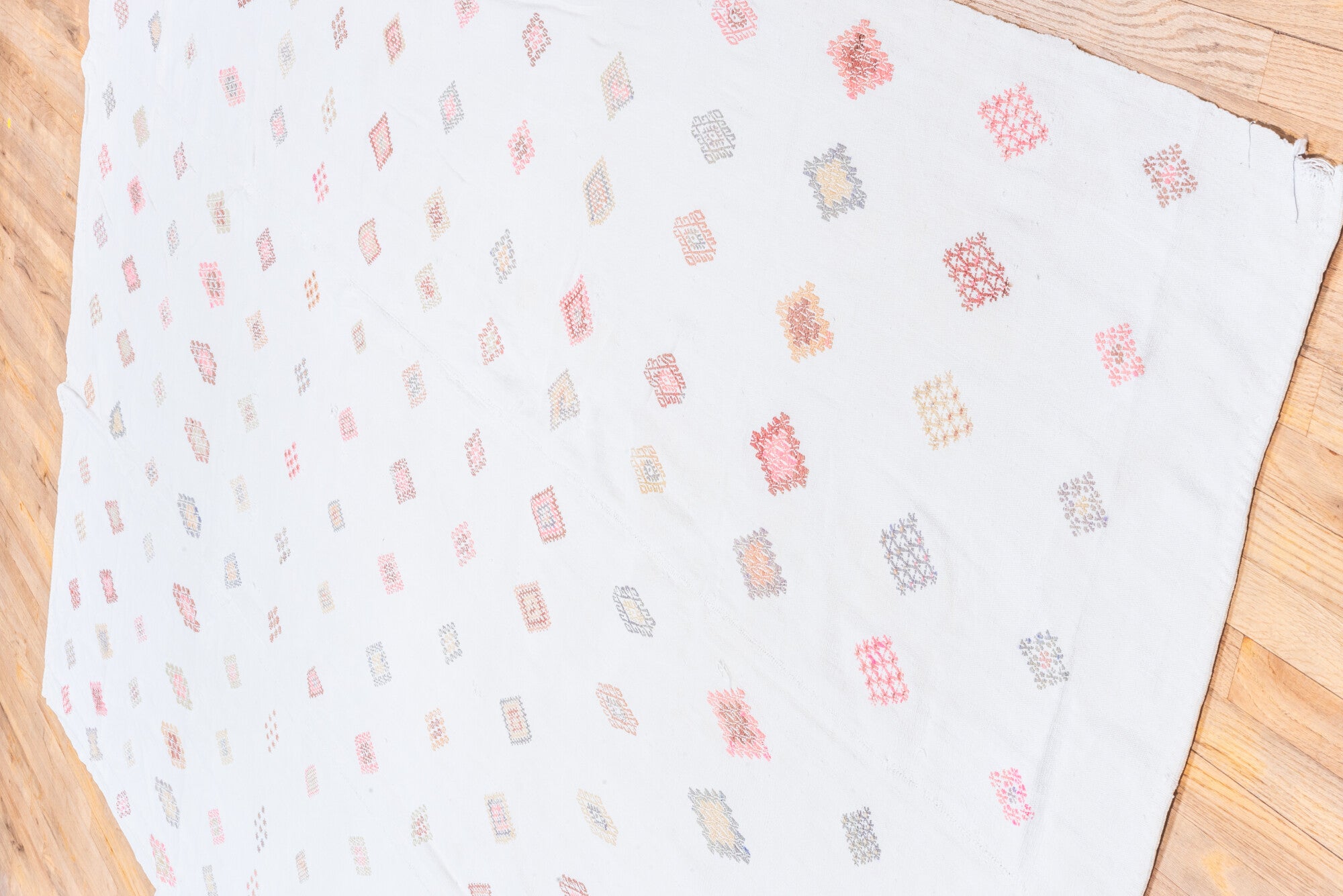 7' x 11' one-of-a-kind handmade vintage Flatweave large size rug. Color palette: alice blue, azure, gainsboro, ghost white