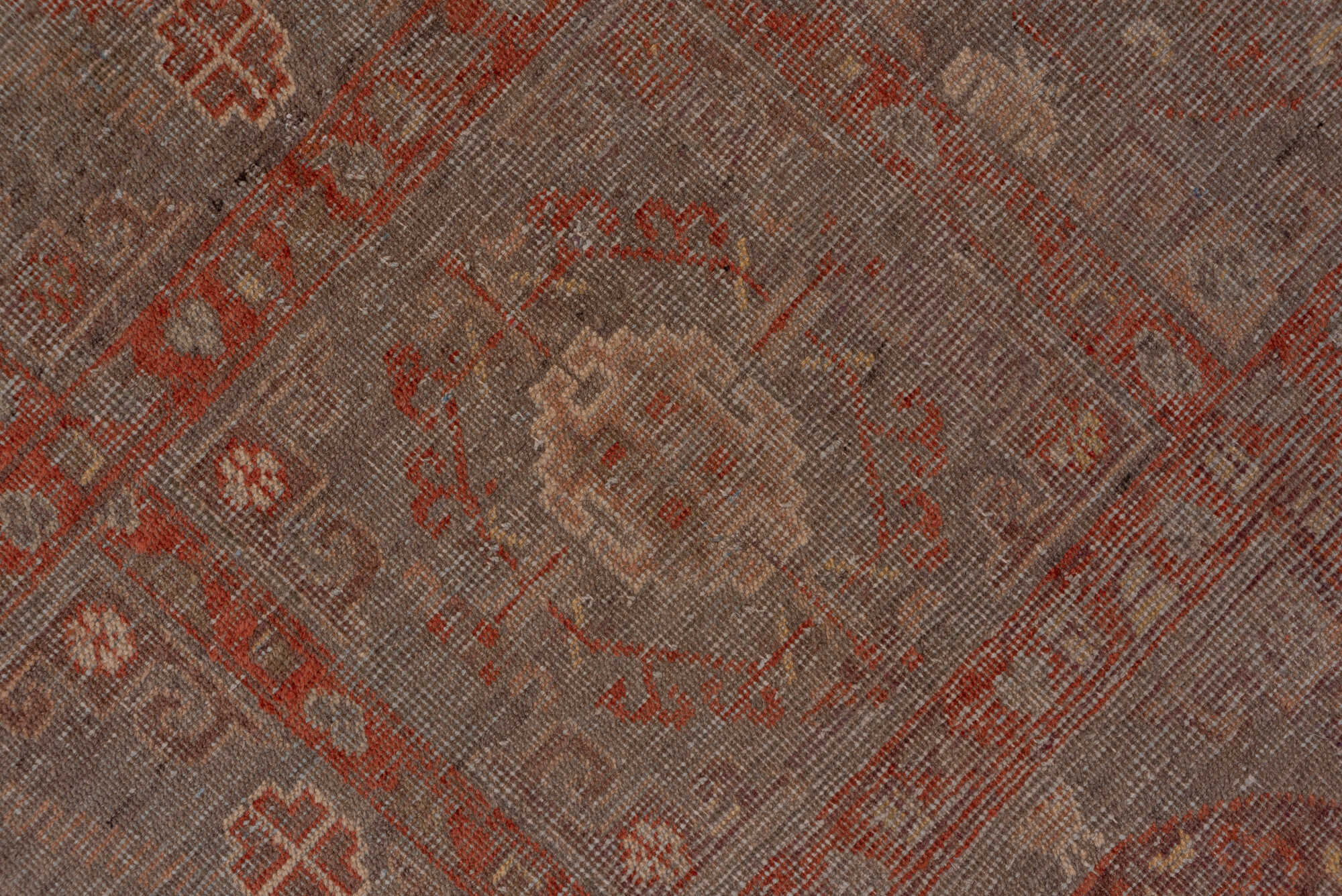 6' x 12' one-of-a-kind handmade vintage Khotan large size rug. Color palette: red, brown, pink, gray