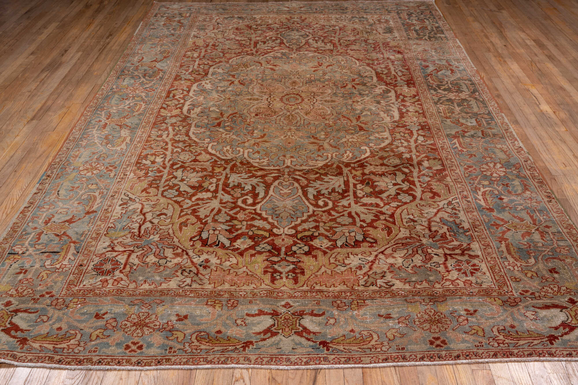 7' x 11' one-of-a-kind handmade vintage Heriz large size rug. Color palette: brown, gray, light gray, off-white, orange