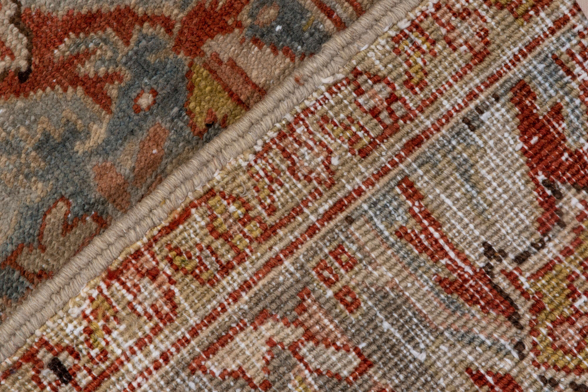 7' x 11' one-of-a-kind handmade vintage Heriz large size rug. Color palette: brown, gray, light gray, off-white, orange