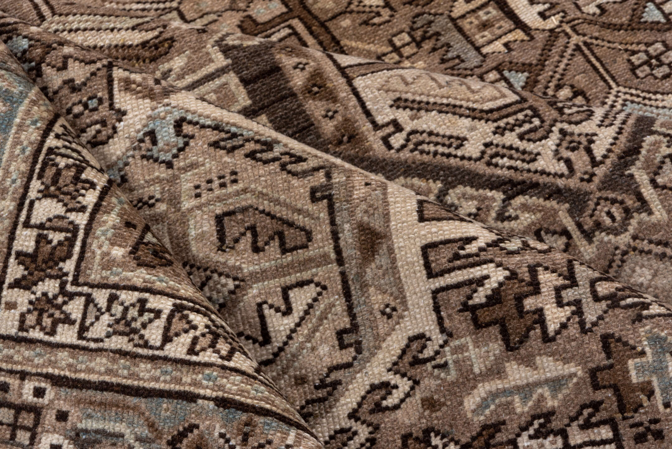 8' x 11' one-of-a-kind handmade vintage Karaje large size rug. Color palette: brown, gray, light gray, pink, dark gray