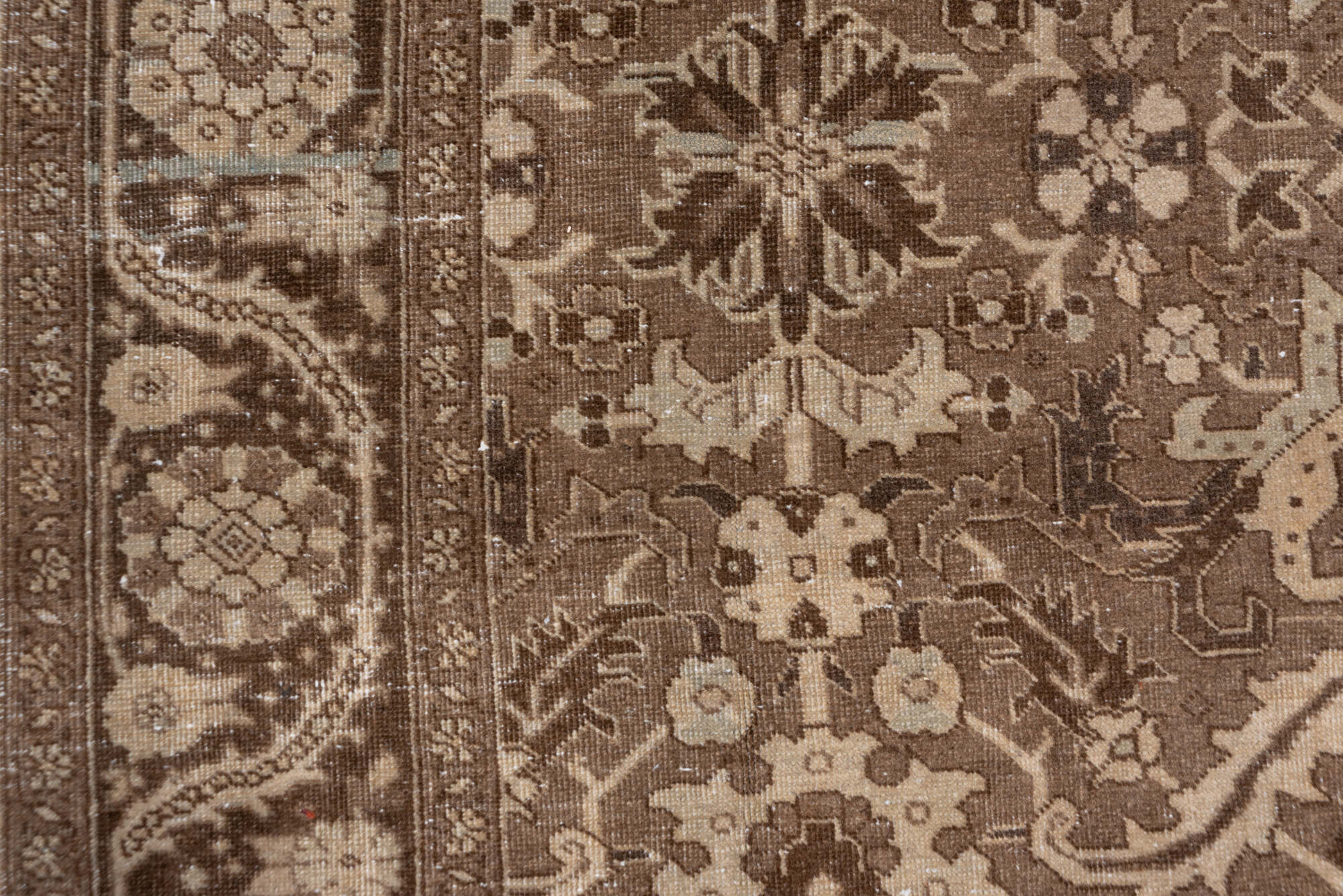 6' x 10' one-of-a-kind handmade vintage Heriz large size rug. Color palette: brown, gray, light gray, off-white, pink, snow