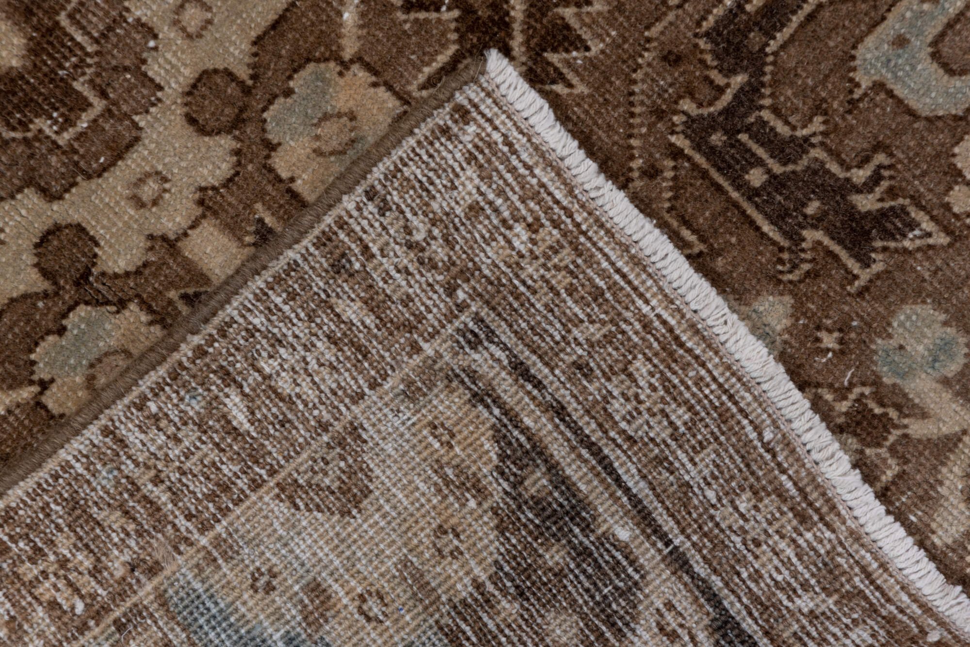 6' x 10' one-of-a-kind handmade vintage Heriz large size rug. Color palette: brown, gray, light gray, off-white, pink, snow