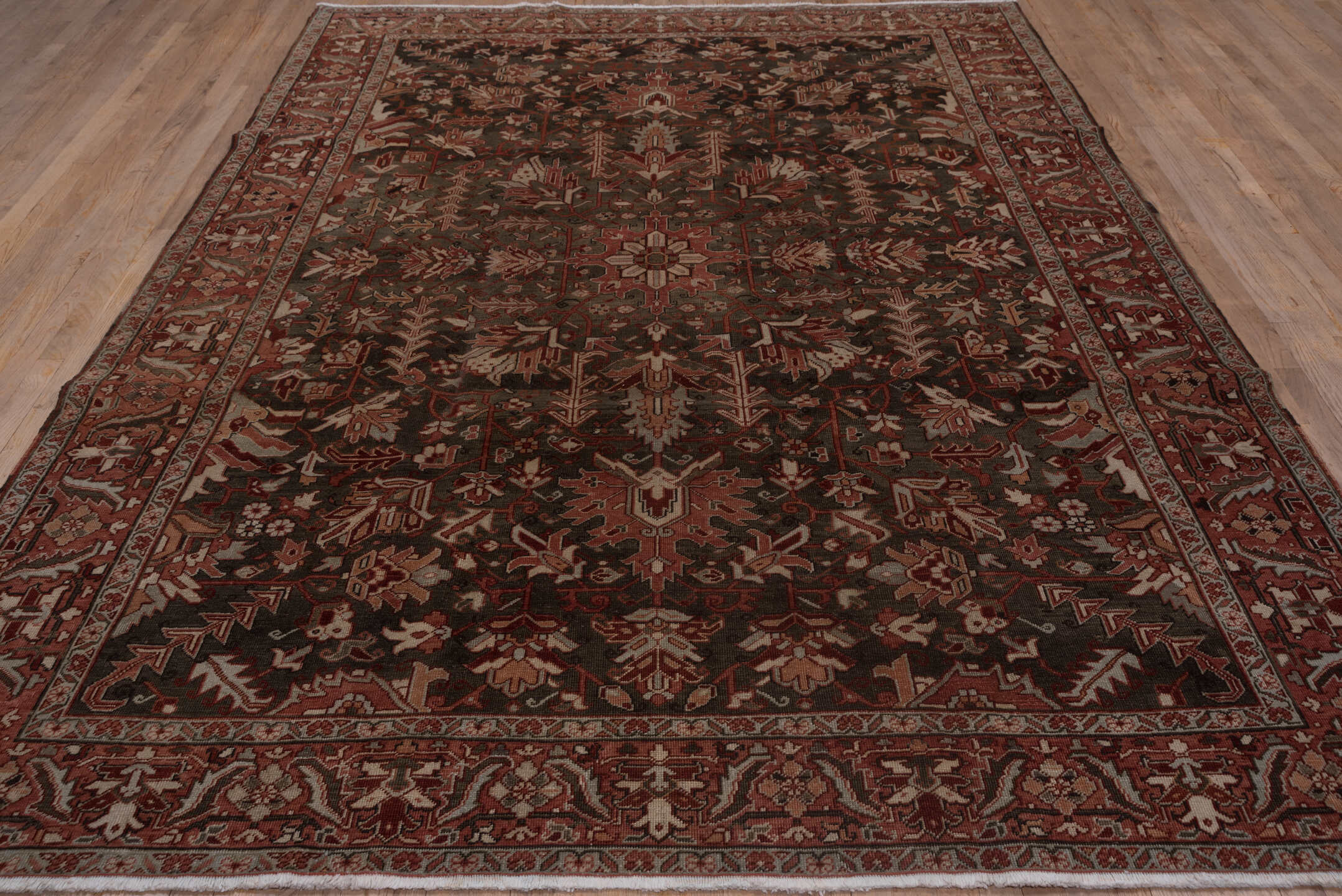 8' x 11' one-of-a-kind handmade vintage Heriz large size rug. Color palette: gray, pink, light gray, off-white, brown
