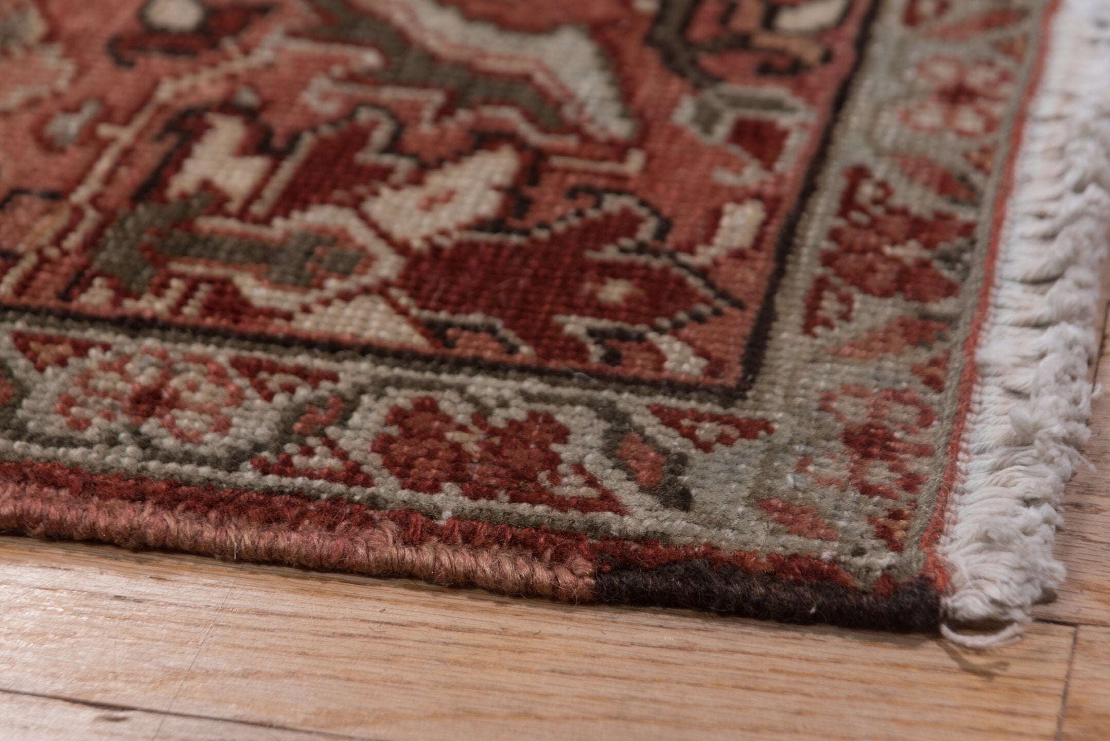 8' x 11' one-of-a-kind handmade vintage Heriz large size rug. Color palette: gray, pink, light gray, off-white, brown