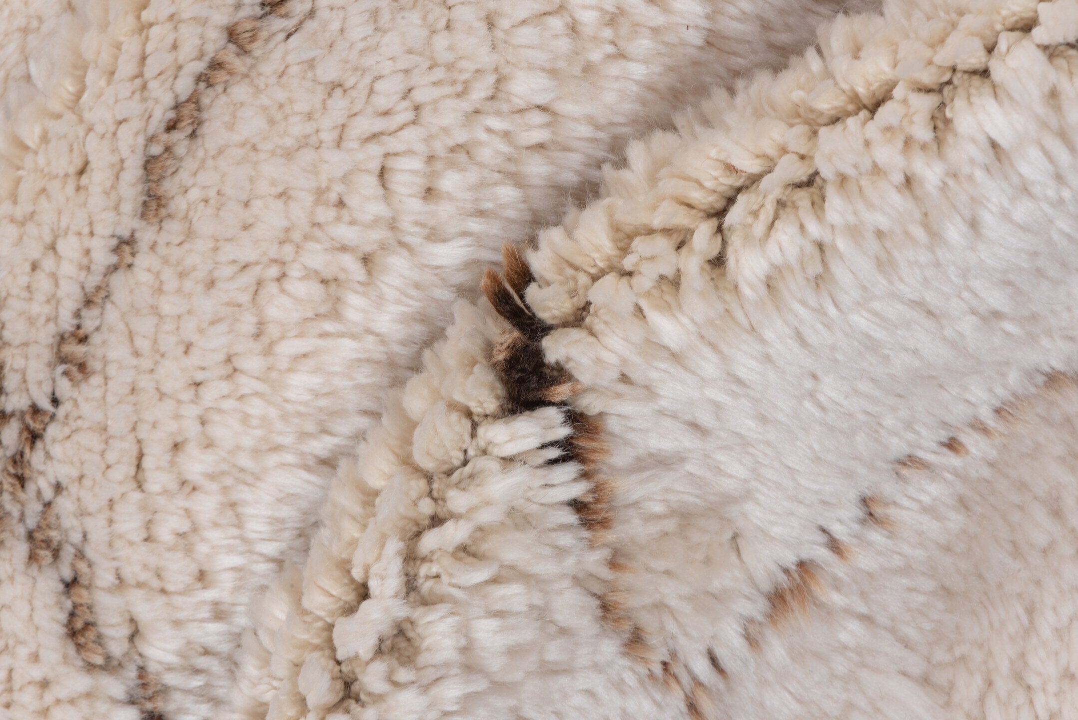 5' x 7' one-of-a-kind handmade vintage Moroccan rug. Color palette: light gray, pink, off-white, gray, brown, lavender blush