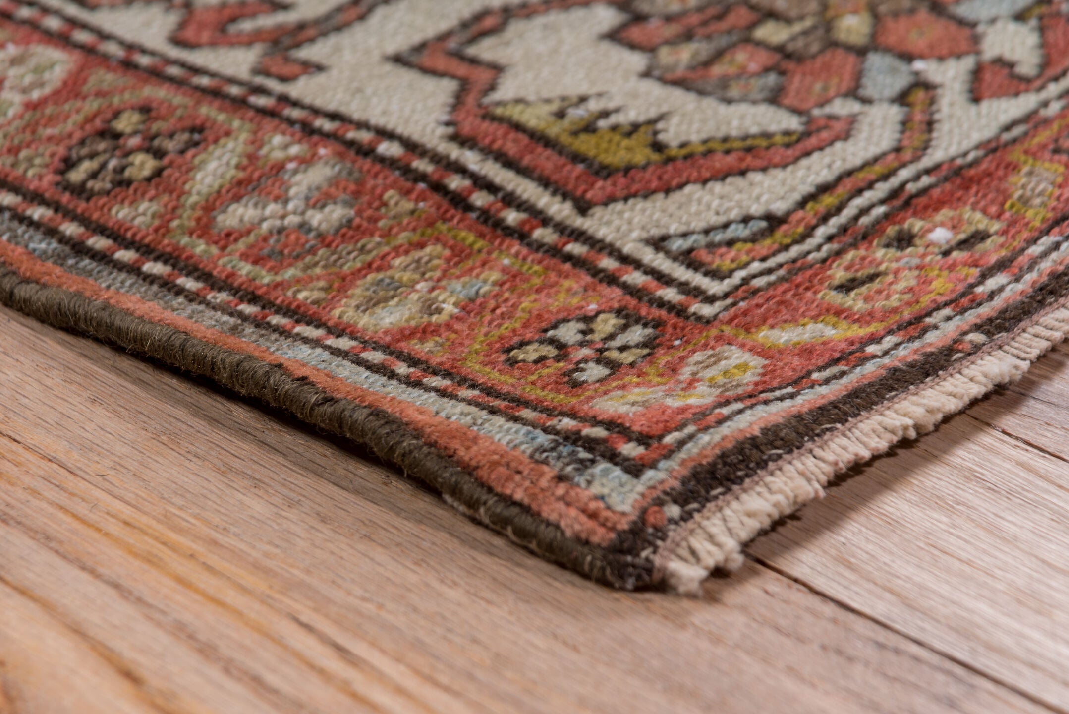 4' x 8' one-of-a-kind handmade vintage Malayer rug. Color palette: off-white, pink, gray, brown, red, white, snow