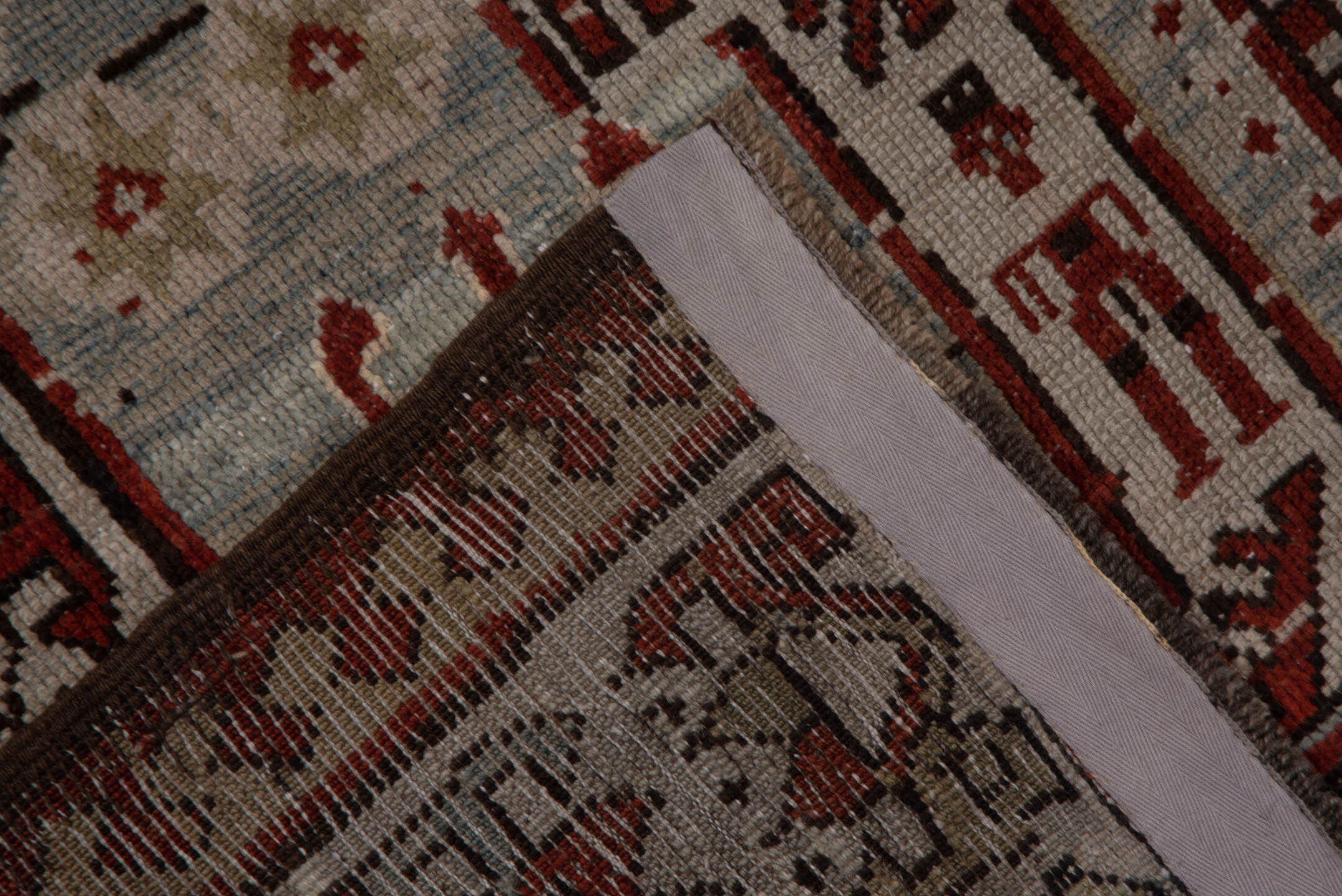 4' x 7' one-of-a-kind handmade vintage Kazak rug. Color palette: gray, black, brown, red, dim gray