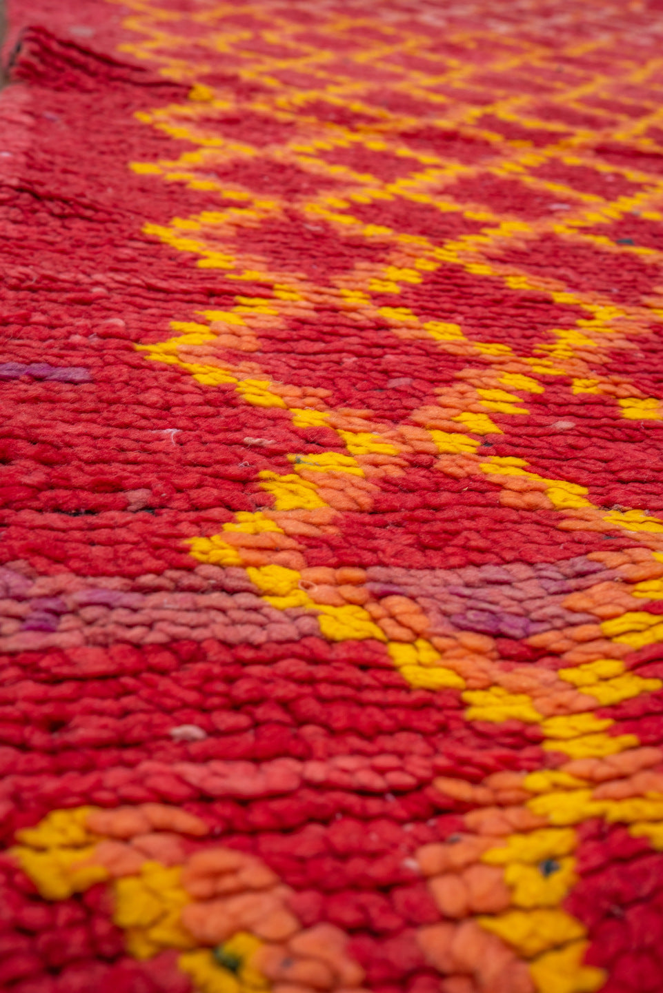 3' x 9' one-of-a-kind handmade vintage Rag Rug runner rug. Color palette: pink, orange, brown, red, fire brick