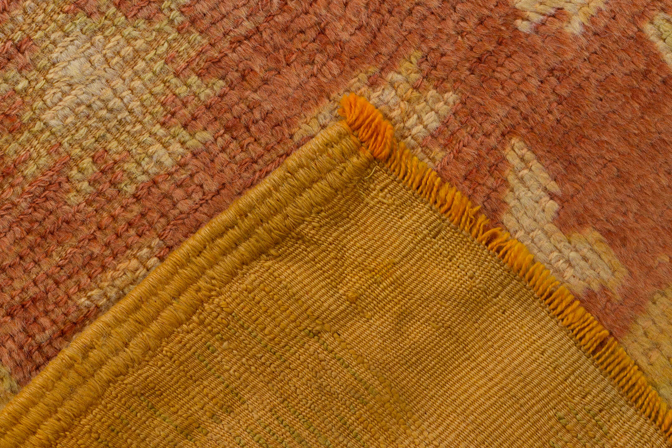4' x 10' one-of-a-kind handmade vintage Moroccan runner rug. Color palette: brown, orange, red, off-white, tan, sienna