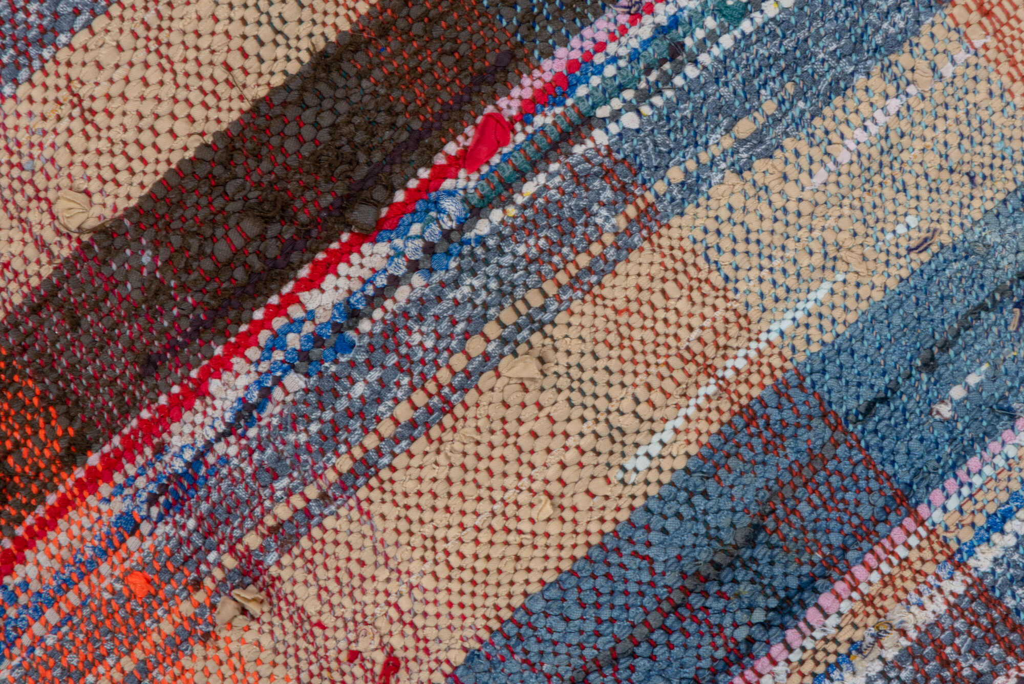 5' x 6' one-of-a-kind handmade vintage Textile rug. Color palette: blue, brown, gray, light gray, off-white, pink, red