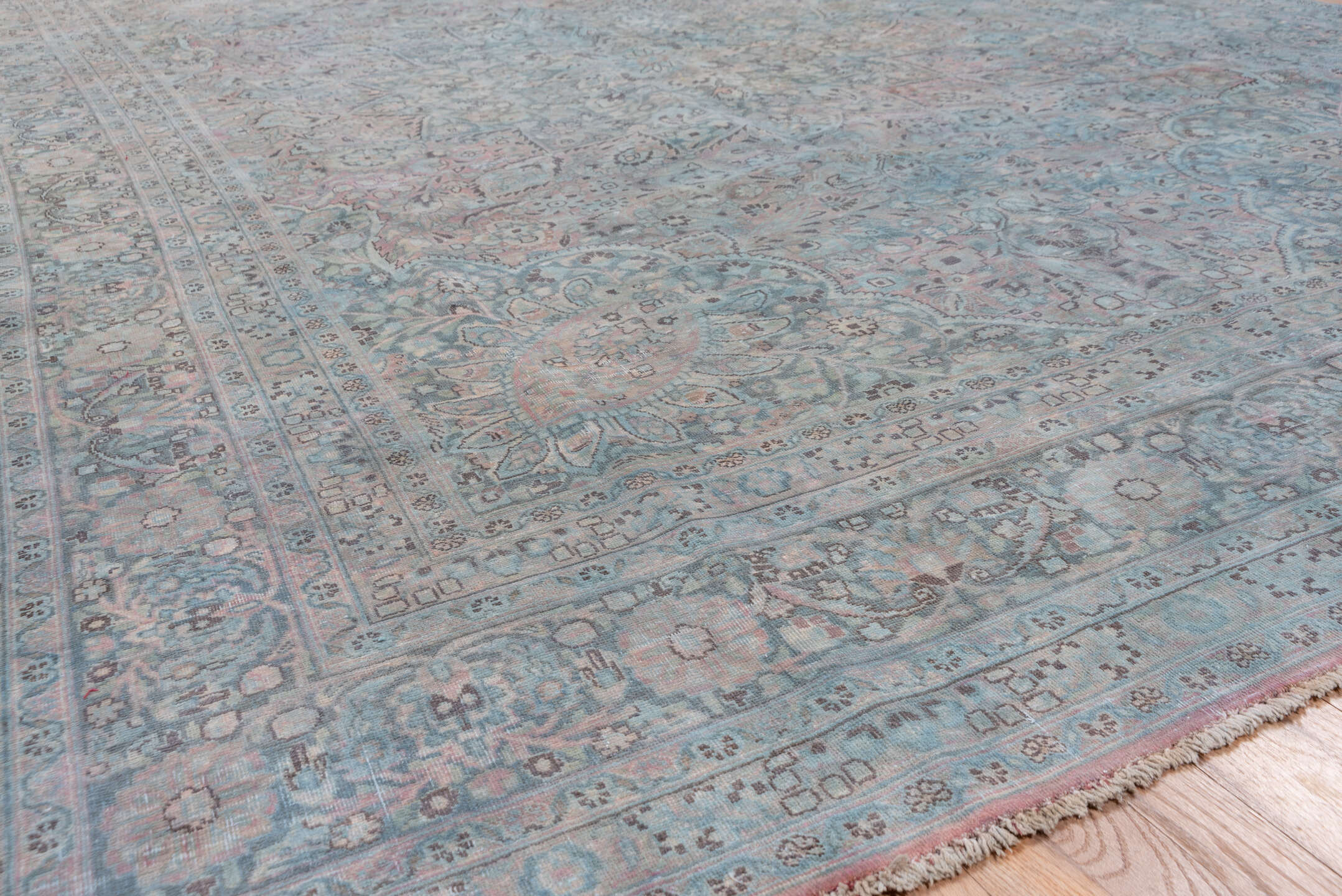 8' x 11' one-of-a-kind handmade vintage Khorassan large size rug. Color palette: gray, light gray, blue, light blue