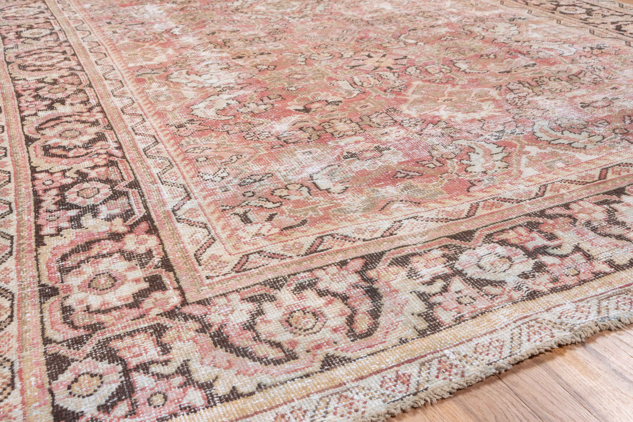 6' x 10' one-of-a-kind handmade vintage Mahal large size rug. Color palette: pink, gray, off-white, light gray, brown