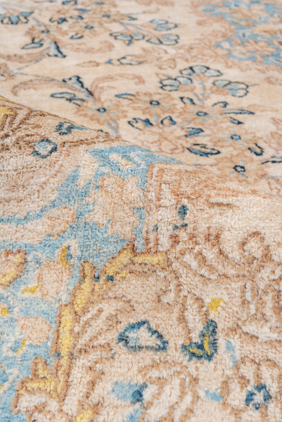 7' x 9' one-of-a-kind handmade vintage Kerman rug. Color palette: gray, light gray, off-white, blue, brown, antiquewhite