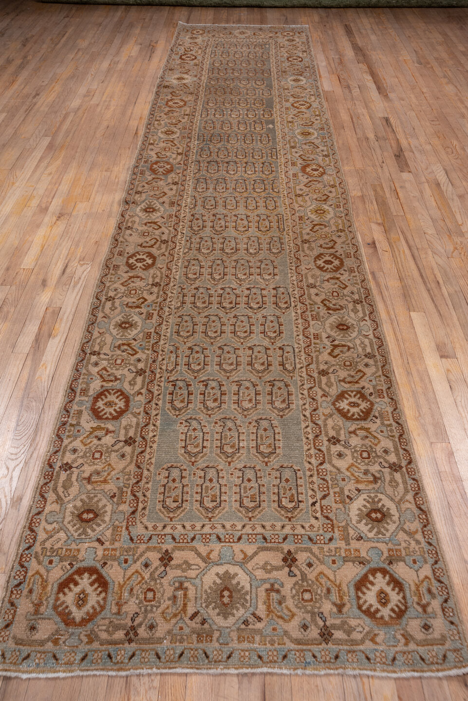 3' x 16' one-of-a-kind handmade vintage Malayer runner rug. Color palette: pink, gray, brown, off-white, white, snow