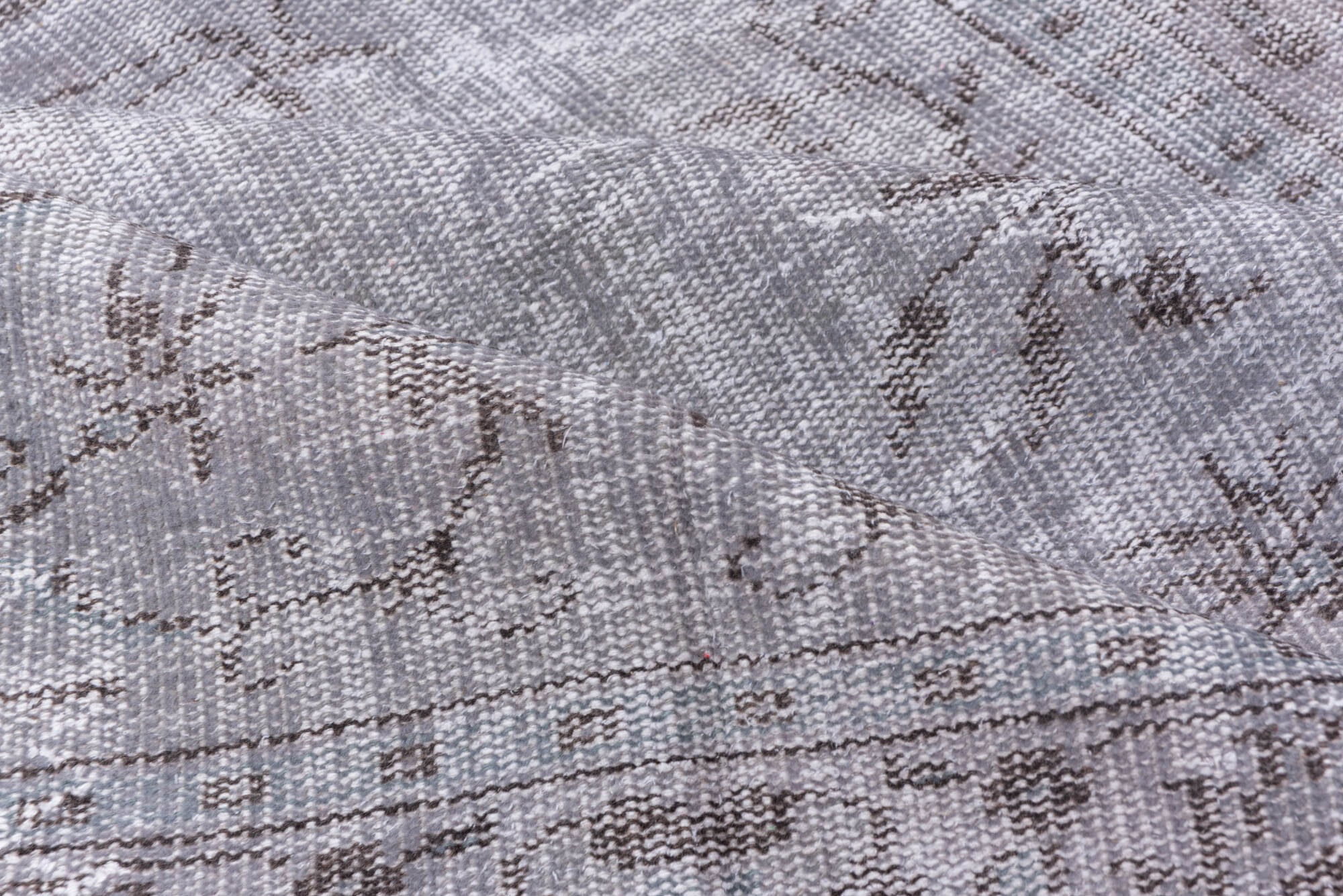 5' x 9' one-of-a-kind handmade vintage Overdyed medium size rug. Color palette: gray, light gray, off-white, light blue