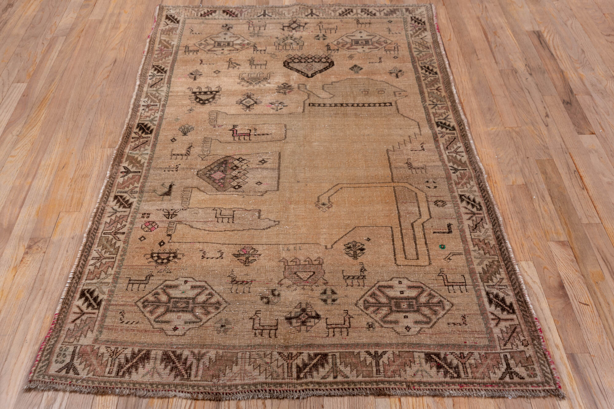 3' x 6' one-of-a-kind handmade vintage Gabbe small size rug. Color palette: brown, gray, light gray, orange, pink