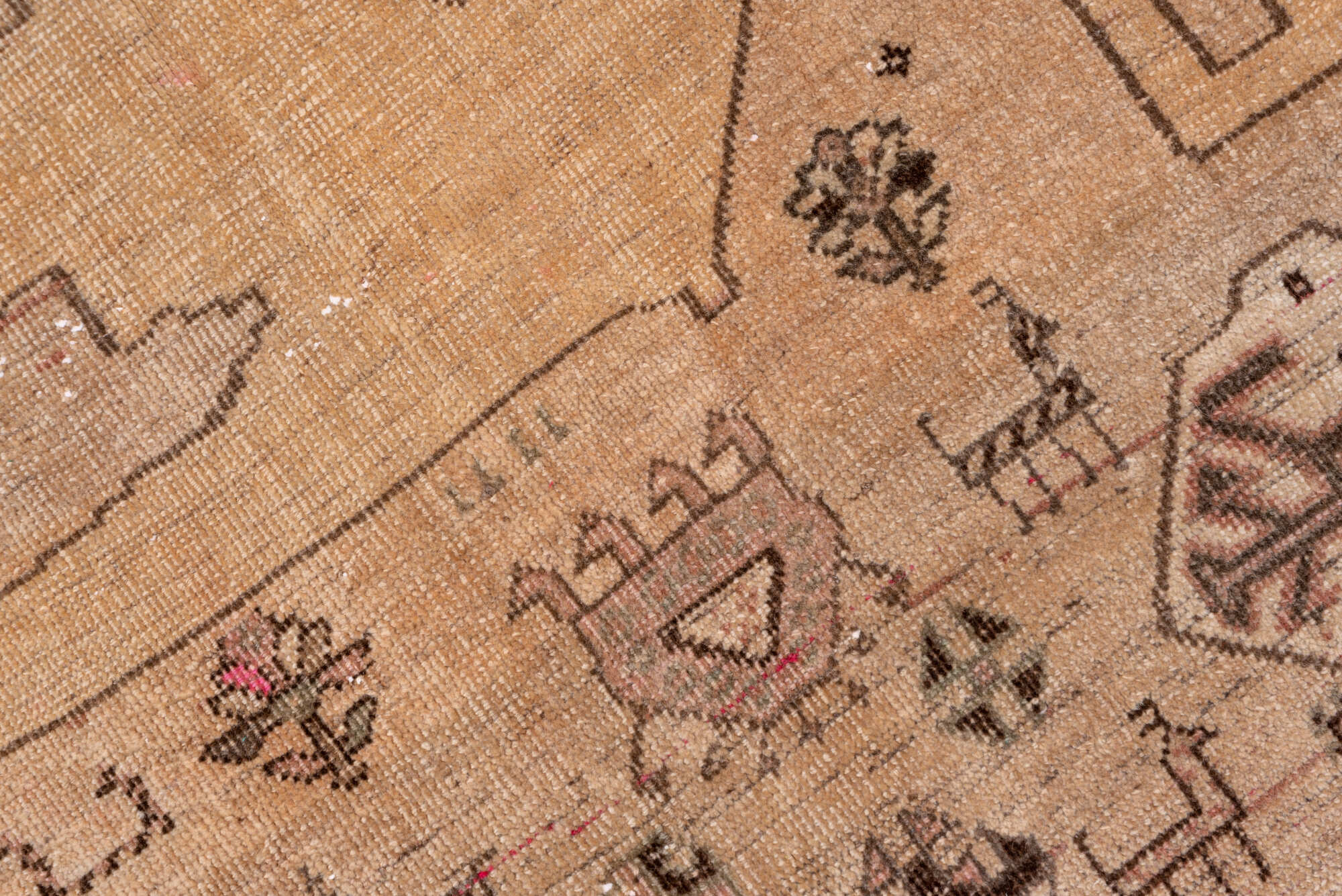 3' x 6' one-of-a-kind handmade vintage Gabbe small size rug. Color palette: brown, gray, light gray, orange, pink