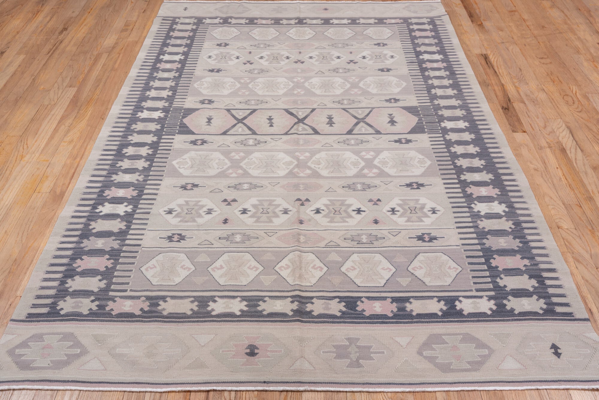 5' x 8' one-of-a-kind handmade vintage Kilim medium size rug. Color palette: blue, dim gray, gray, light gray, off-white