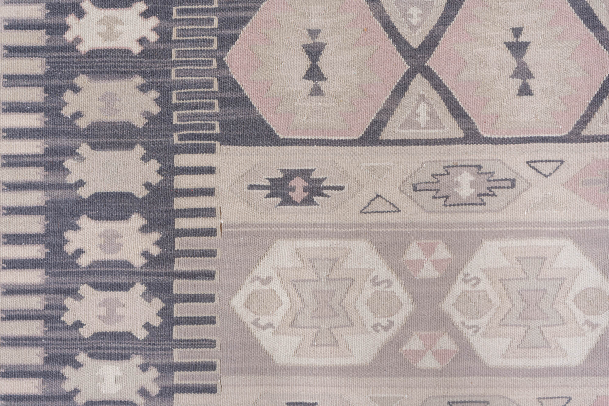 5' x 8' one-of-a-kind handmade vintage Kilim medium size rug. Color palette: blue, dim gray, gray, light gray, off-white