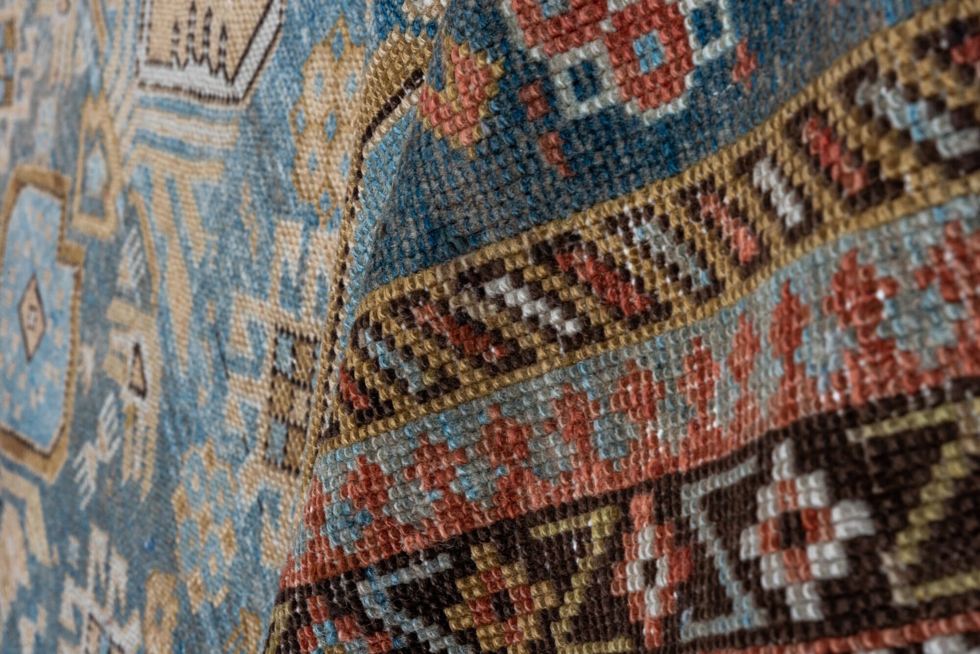 4' x 4' one-of-a-kind handmade vintage Shirvan small size rug. Color palette: black, blue, brown, charcoal, gray, light gray