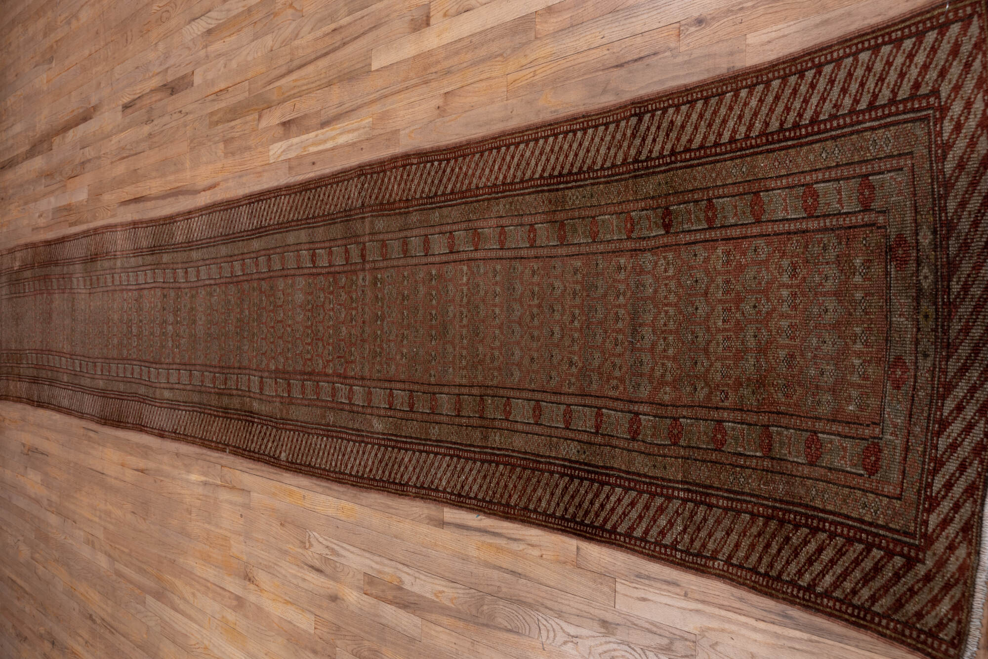 2' x 17' one-of-a-kind handmade vintage NW Persian runner rug. Color palette: brown, off-white, pink, snow, white