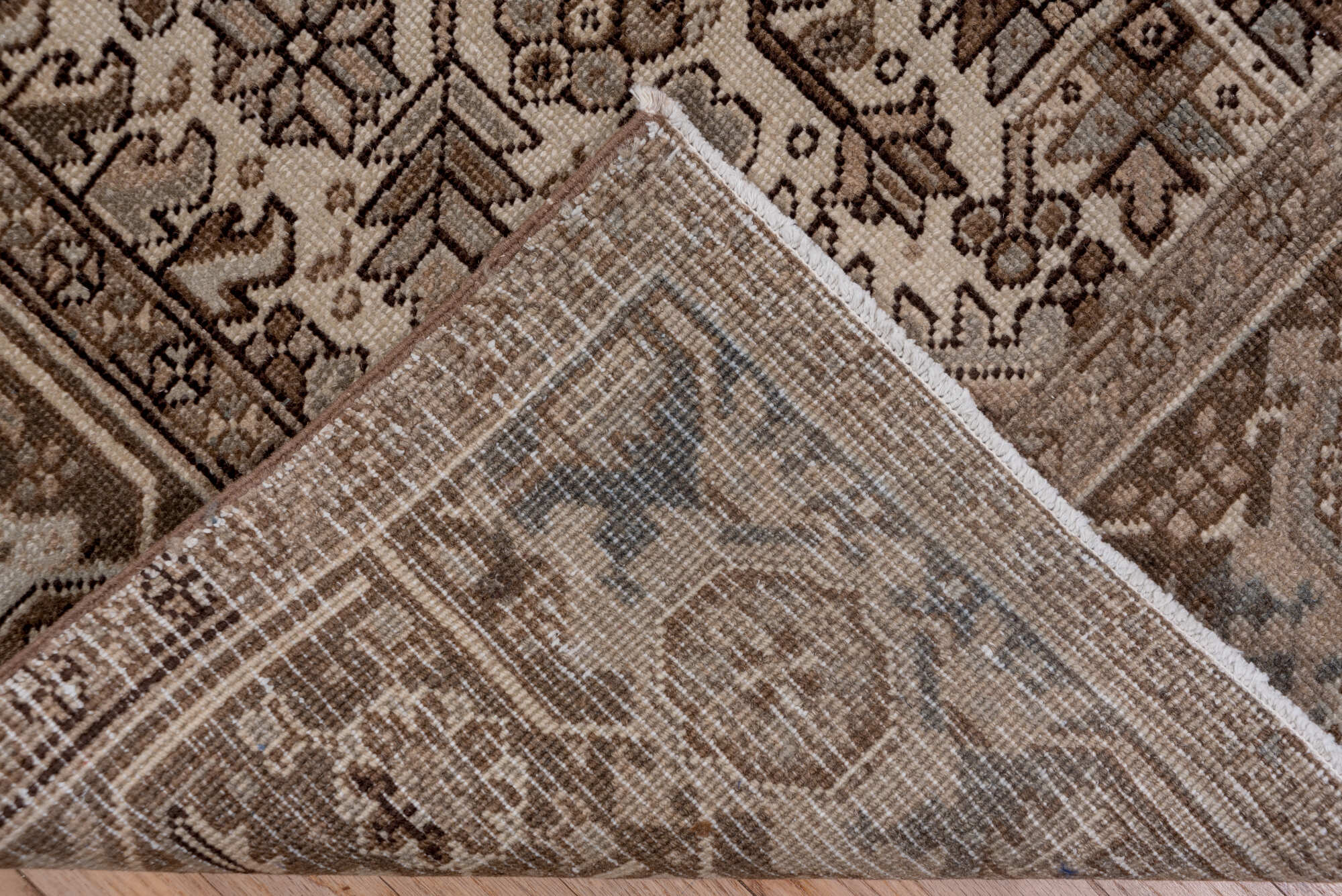 7' x 9' one-of-a-kind handmade vintage Heriz rug. Color palette: brown, gray, off-white, pink, snow, white, whitesmoke