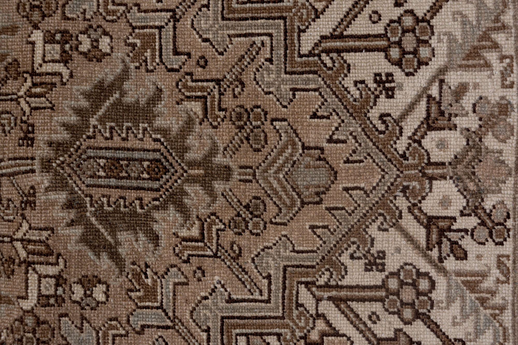 7' x 9' one-of-a-kind handmade vintage Heriz rug. Color palette: brown, gray, off-white, pink, snow, white, whitesmoke