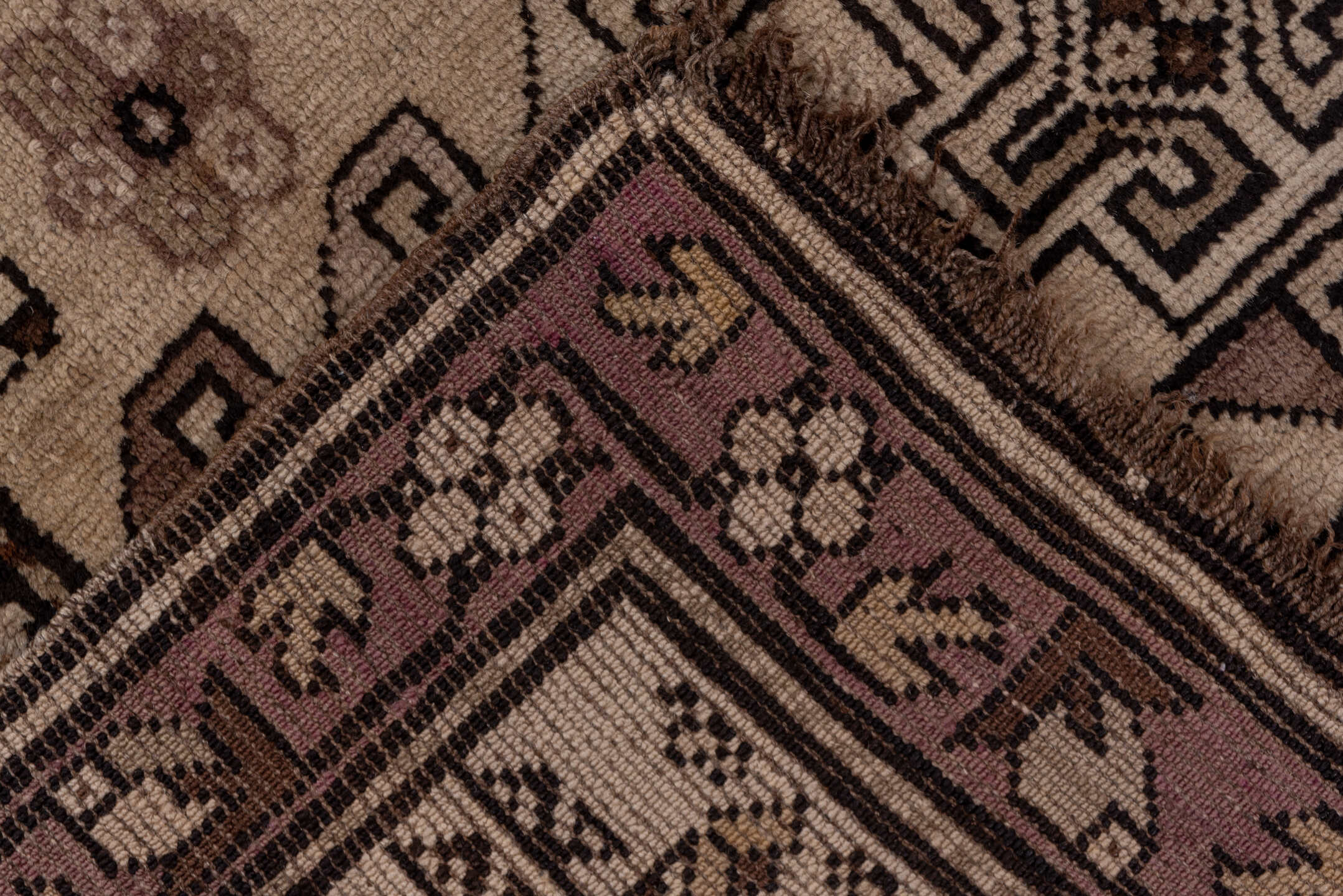 6' x 12' one-of-a-kind handmade vintage Karabagh large size rug. Color palette: brown, pink, gray, light gray, black