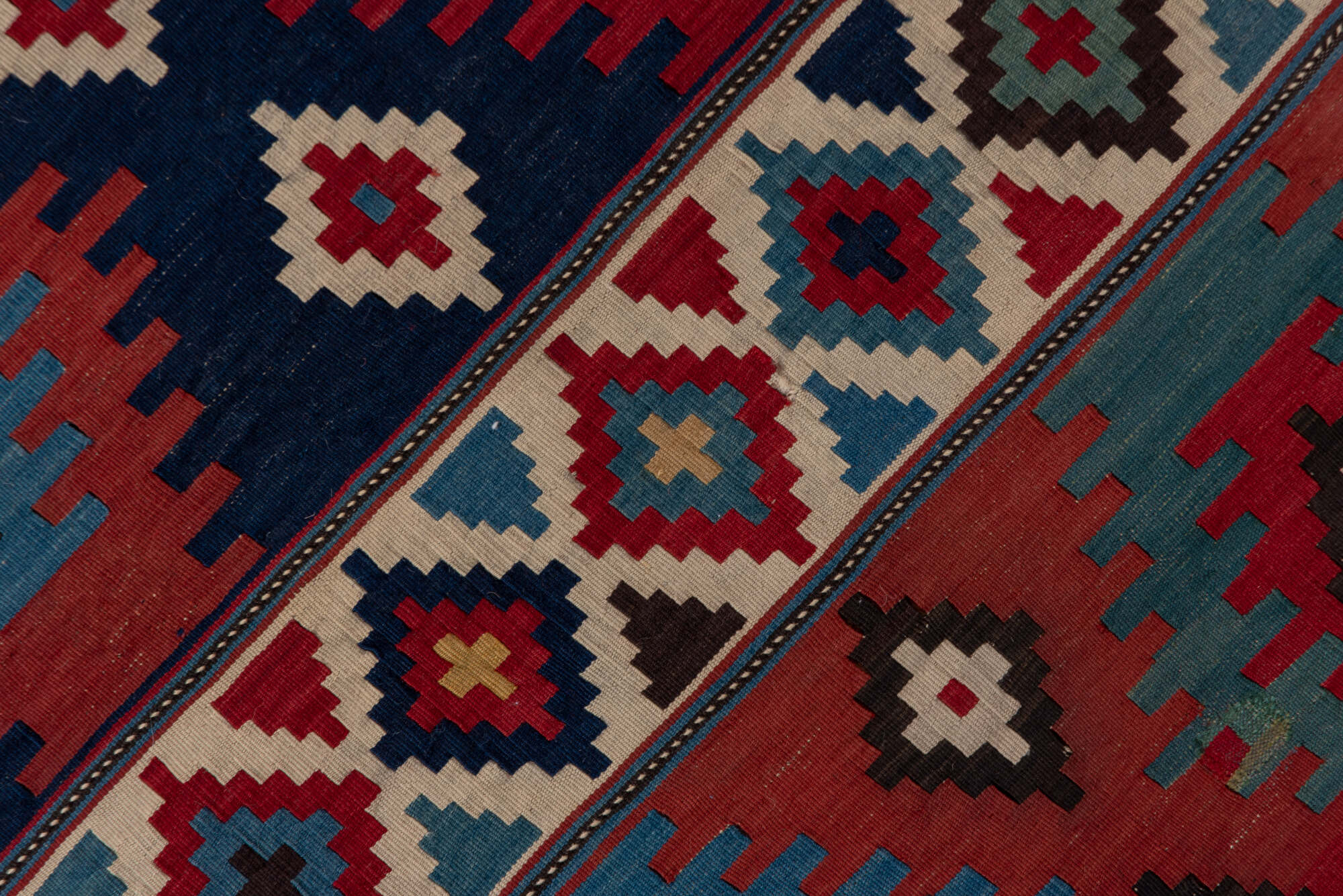 3' x 6' one-of-a-kind handmade vintage Shirvan runner rug. Color palette: arapawa, blue, brown, fiord, gray, pink, red