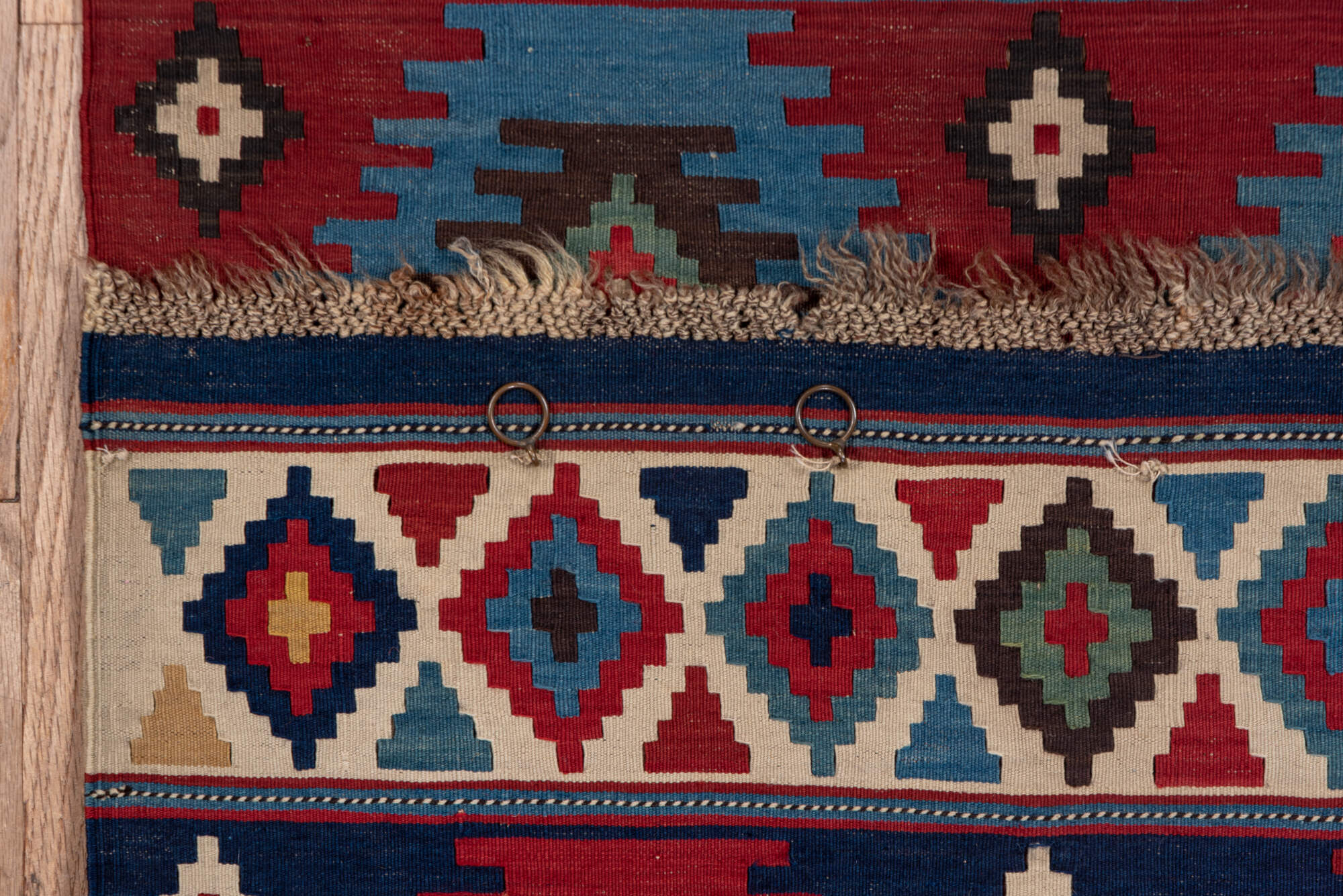 3' x 6' one-of-a-kind handmade vintage Shirvan runner rug. Color palette: arapawa, blue, brown, fiord, gray, pink, red