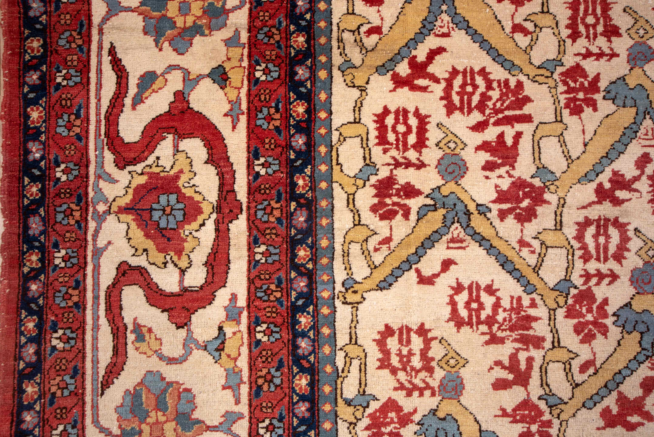 10' x 14' one-of-a-kind handmade vintage Serapi large size rug. Color palette: red, brown, pink, gray, blue, orange