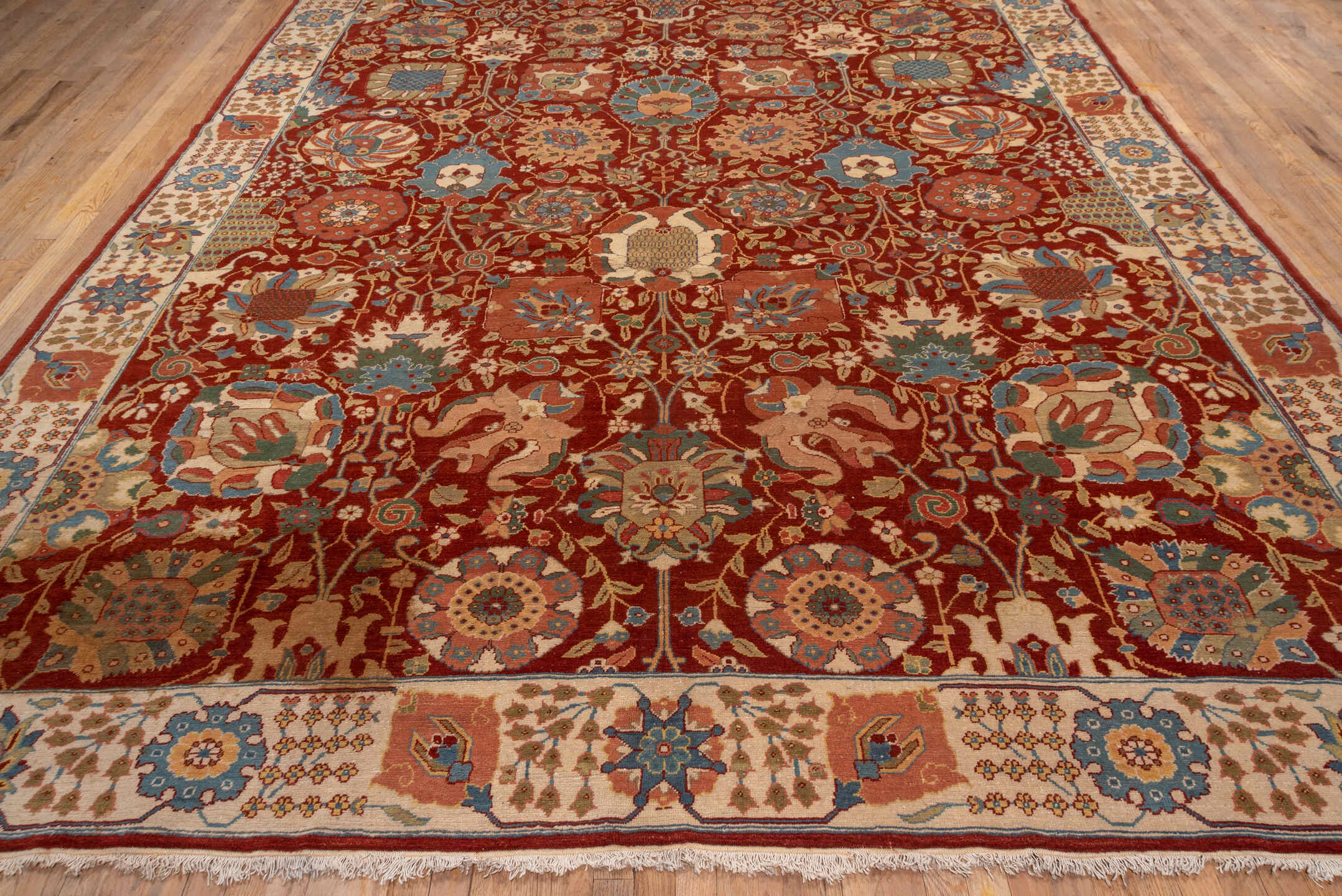 10' x 13' one-of-a-kind handmade vintage Sultanabad large size rug. Color palette: brown, orange, gray, light gray, pink