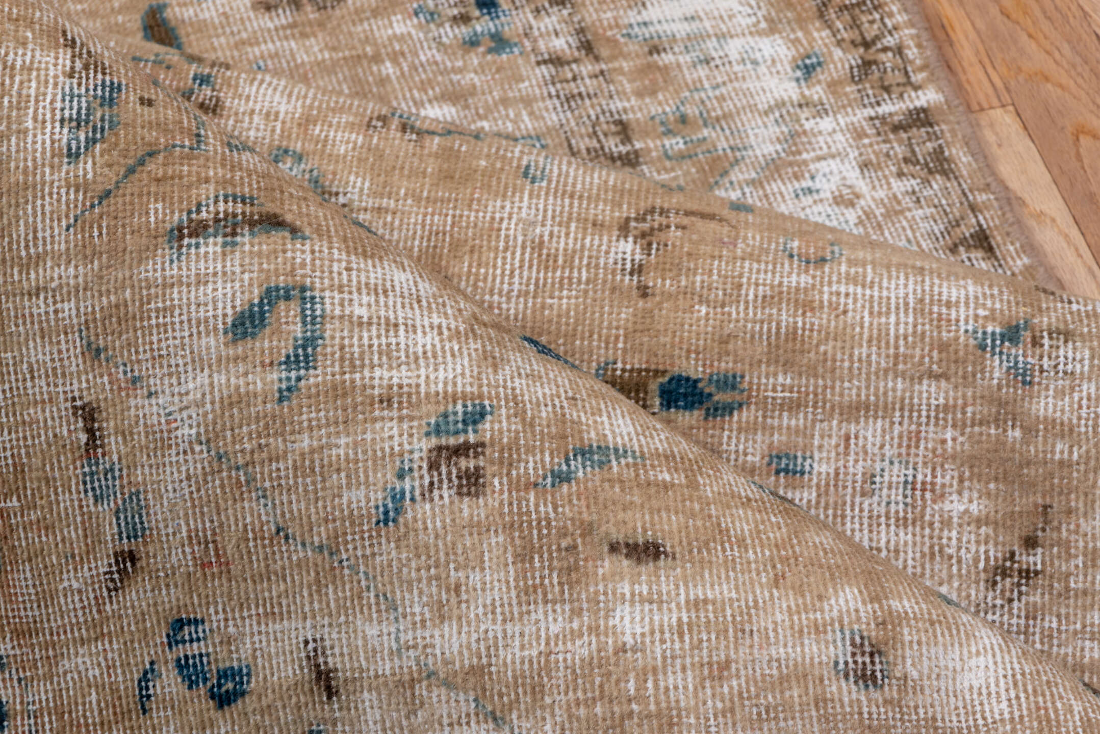 3' x 13' one-of-a-kind handmade vintage Tabriz runner rug. Color palette: brown, gray, off-white, light gray, pink, blue