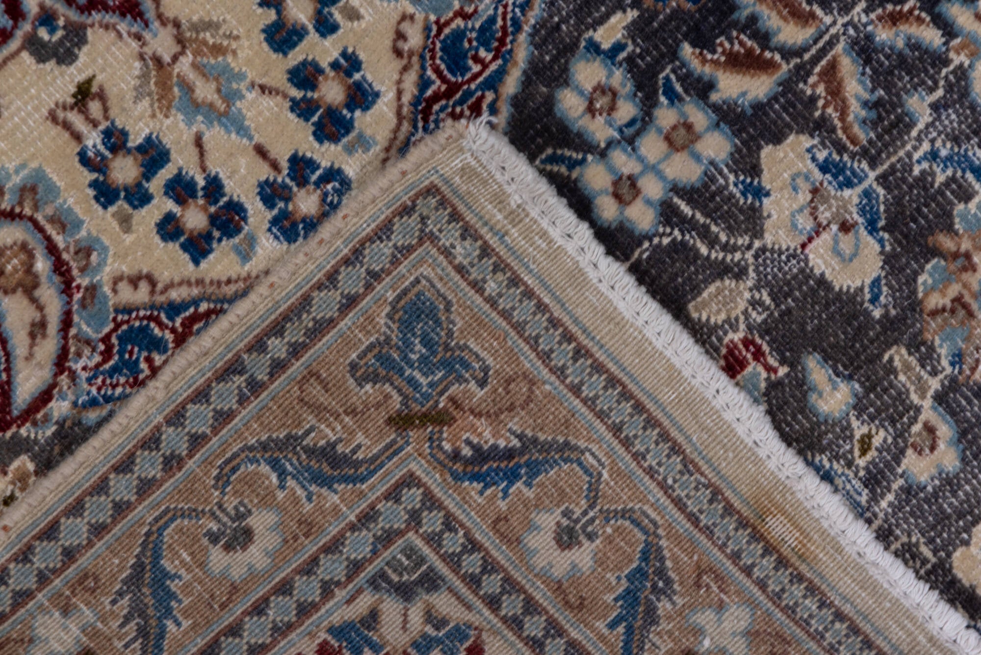 3' x 12' one-of-a-kind handmade vintage Naiin runner rug. Color palette: blue, brown, dark gray, gray, light blue