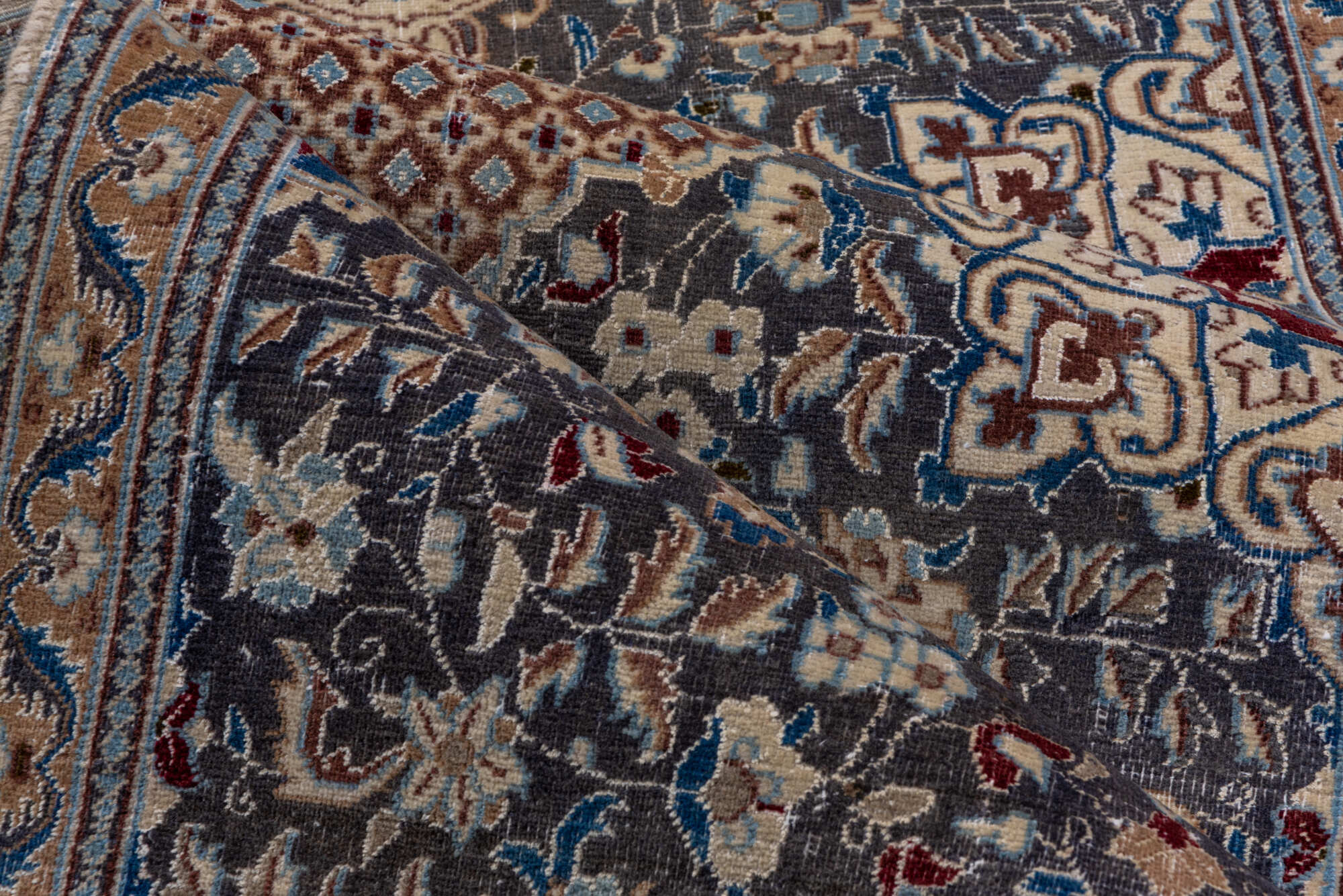 3' x 12' one-of-a-kind handmade vintage Naiin runner rug. Color palette: blue, brown, dark gray, gray, light blue