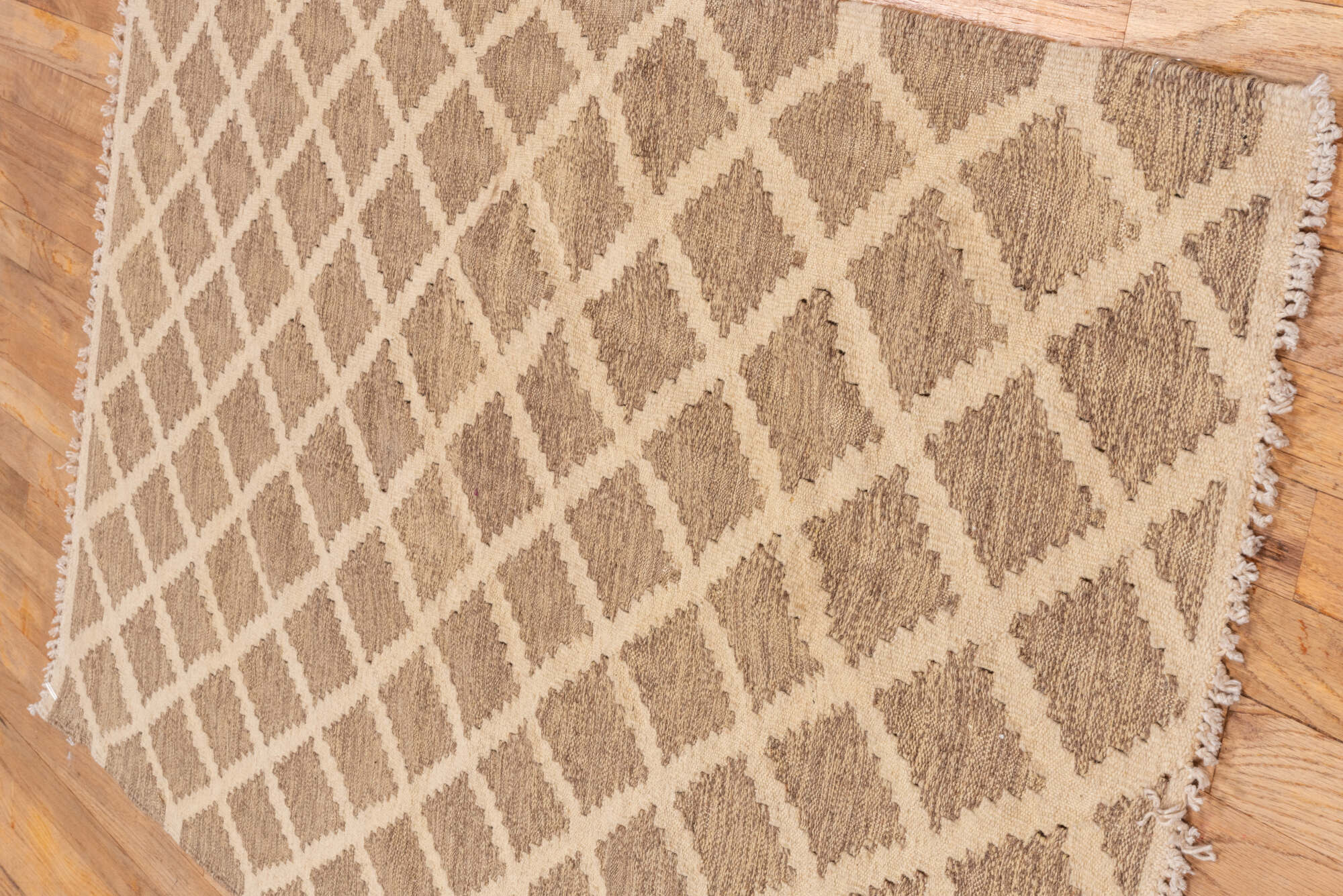 3' x 5' one-of-a-kind handmade vintage Kilim small size rug. Color palette: brown, gray, light gray, off-white, orange, pink