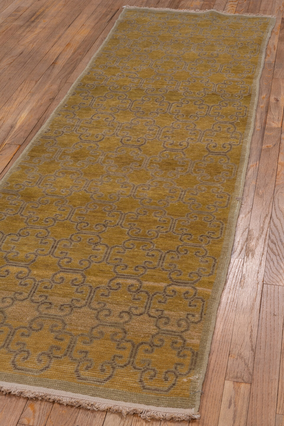 2' x 8' one-of-a-kind handmade vintage Khotan runner rug. Color palette: brown, gray, light gray, off-white, white, snow