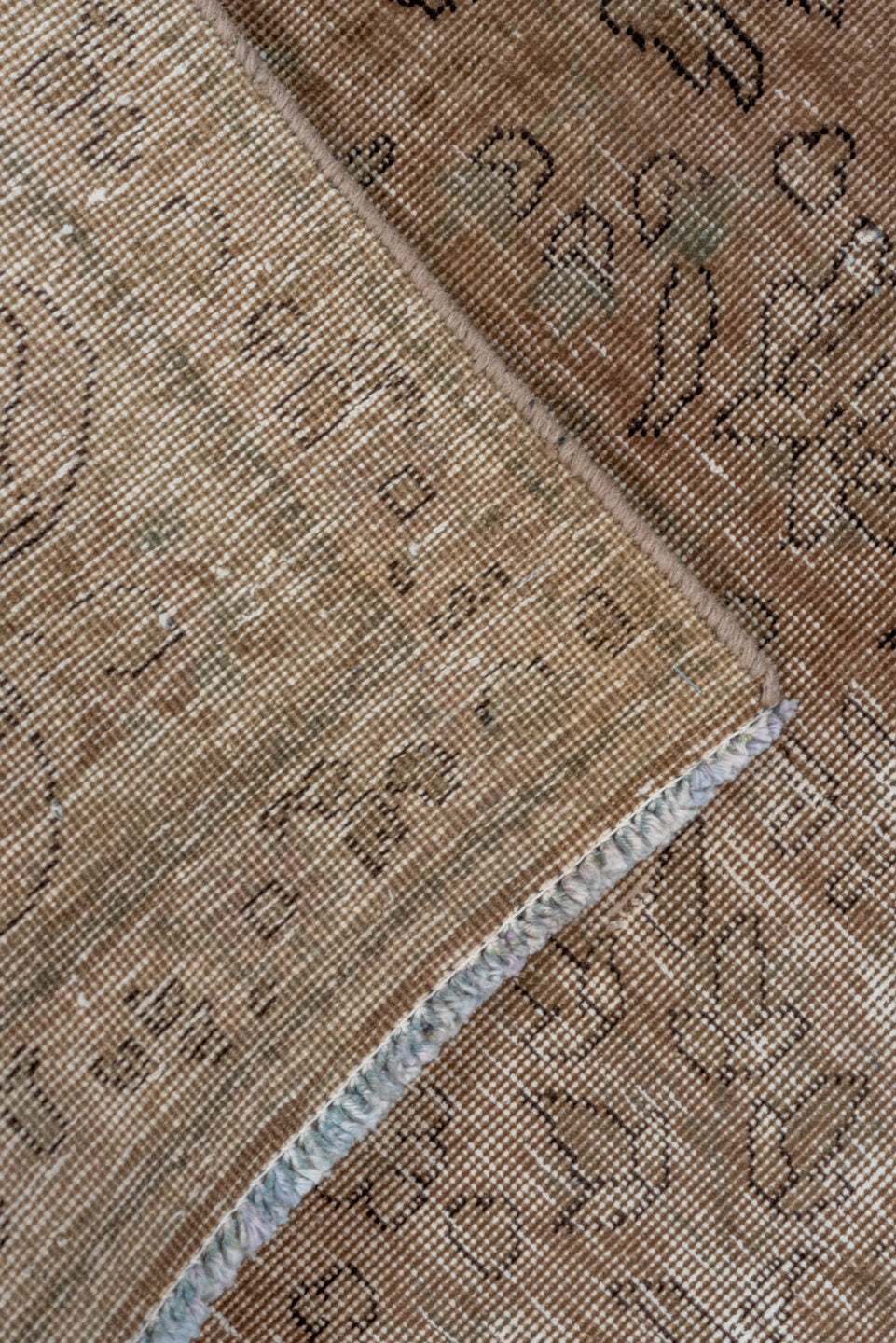 6' x 9' one-of-a-kind handmade vintage Distressed medium size rug. Color palette: pink, brown, gray, light gray, off-white