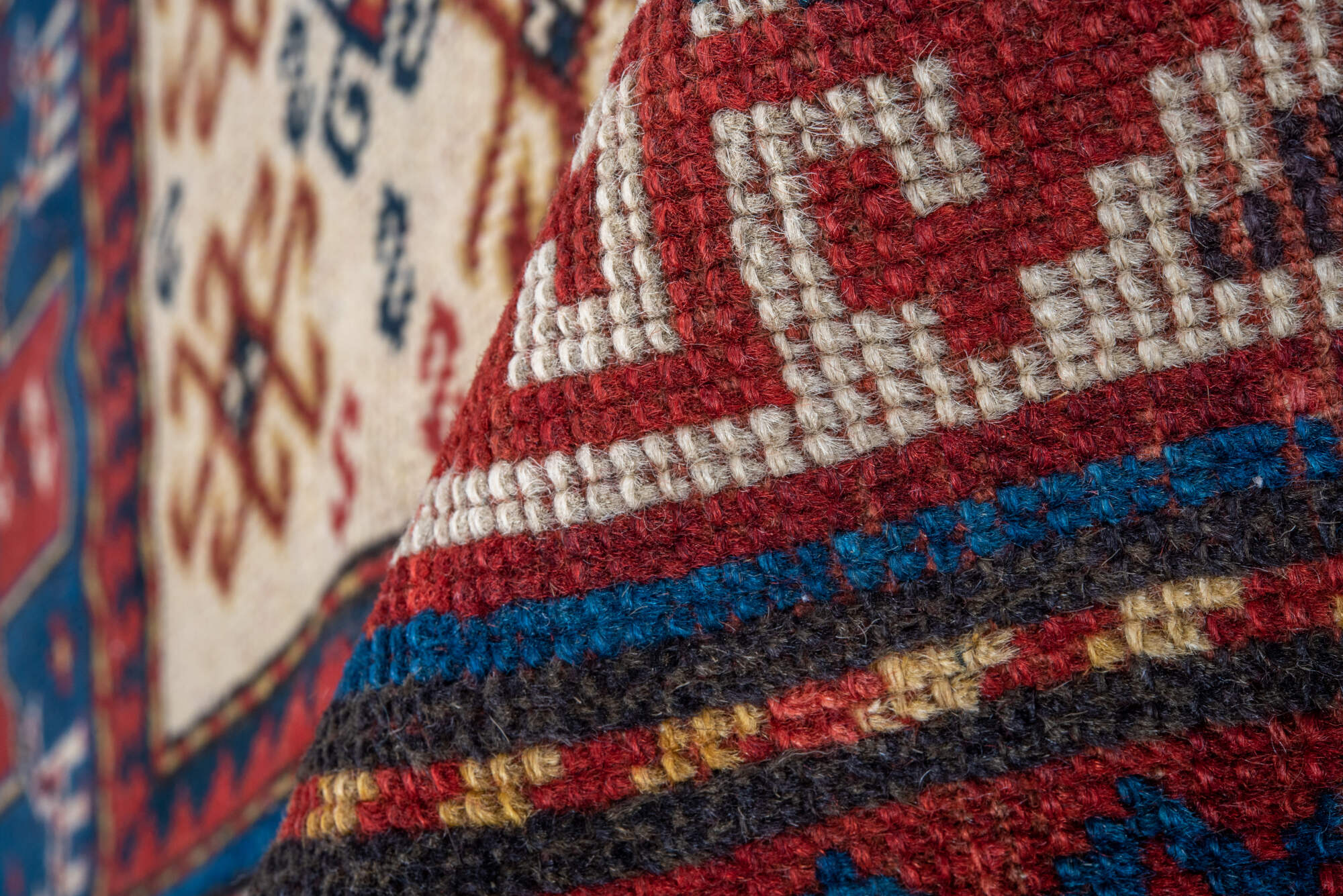 3' x 6' one-of-a-kind handmade vintage Kazak runner rug. Color palette: arapawa, blue, brown, gray, light gray, pink, red