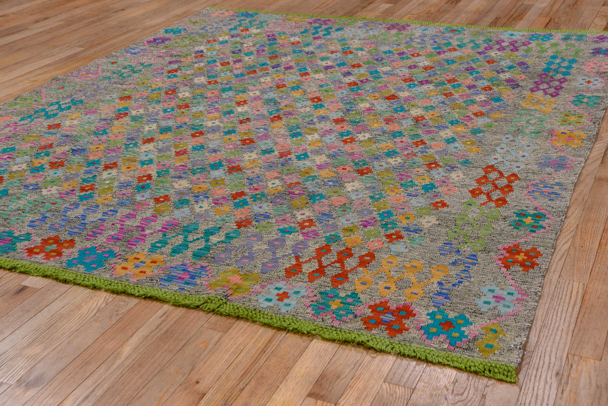 6' x 7' one-of-a-kind handmade vintage Kilim rug. Color palette: blue, brown, dark cyan, gray, green, orange, peru, pink