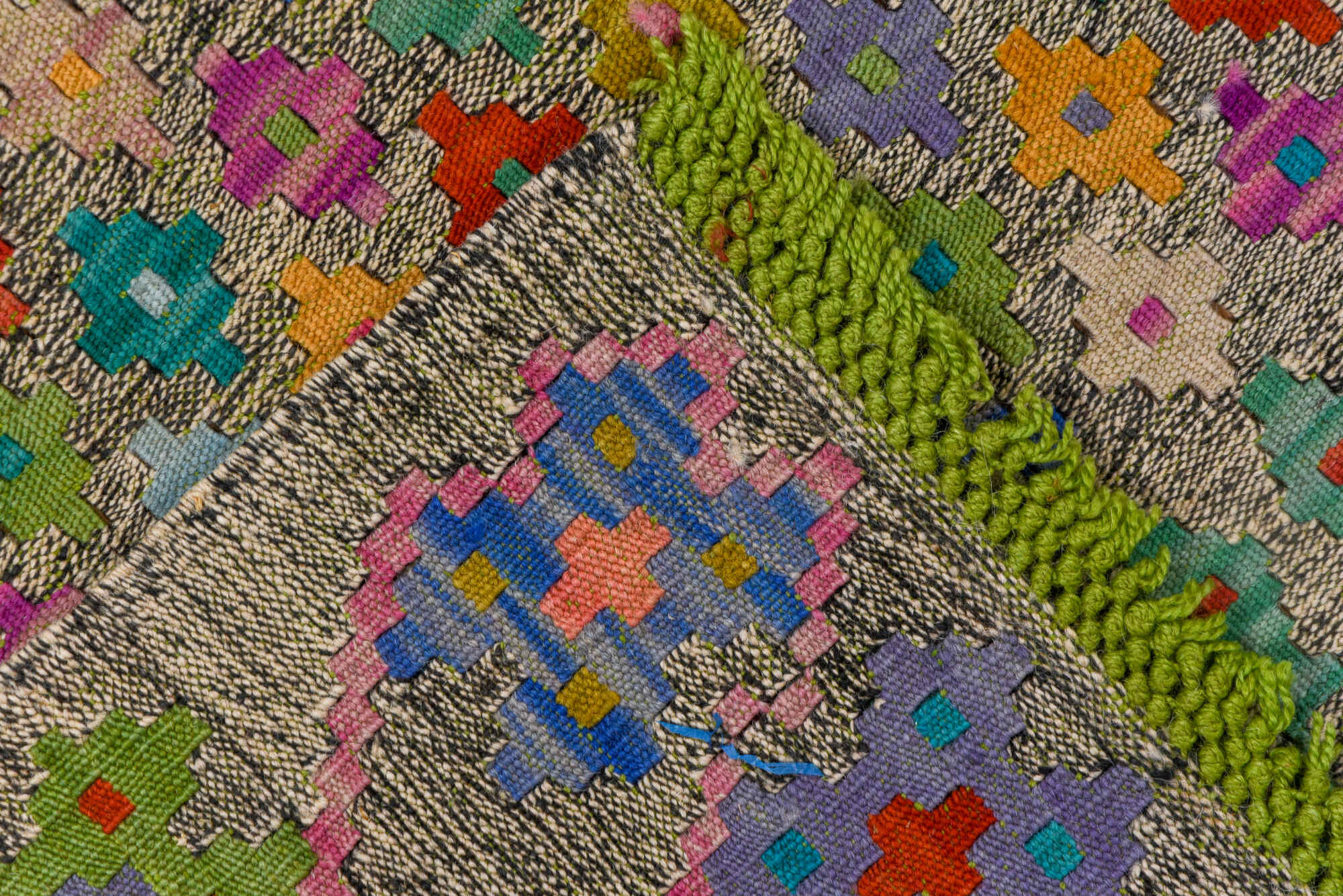 6' x 7' one-of-a-kind handmade vintage Kilim rug. Color palette: blue, brown, dark cyan, gray, green, orange, peru, pink