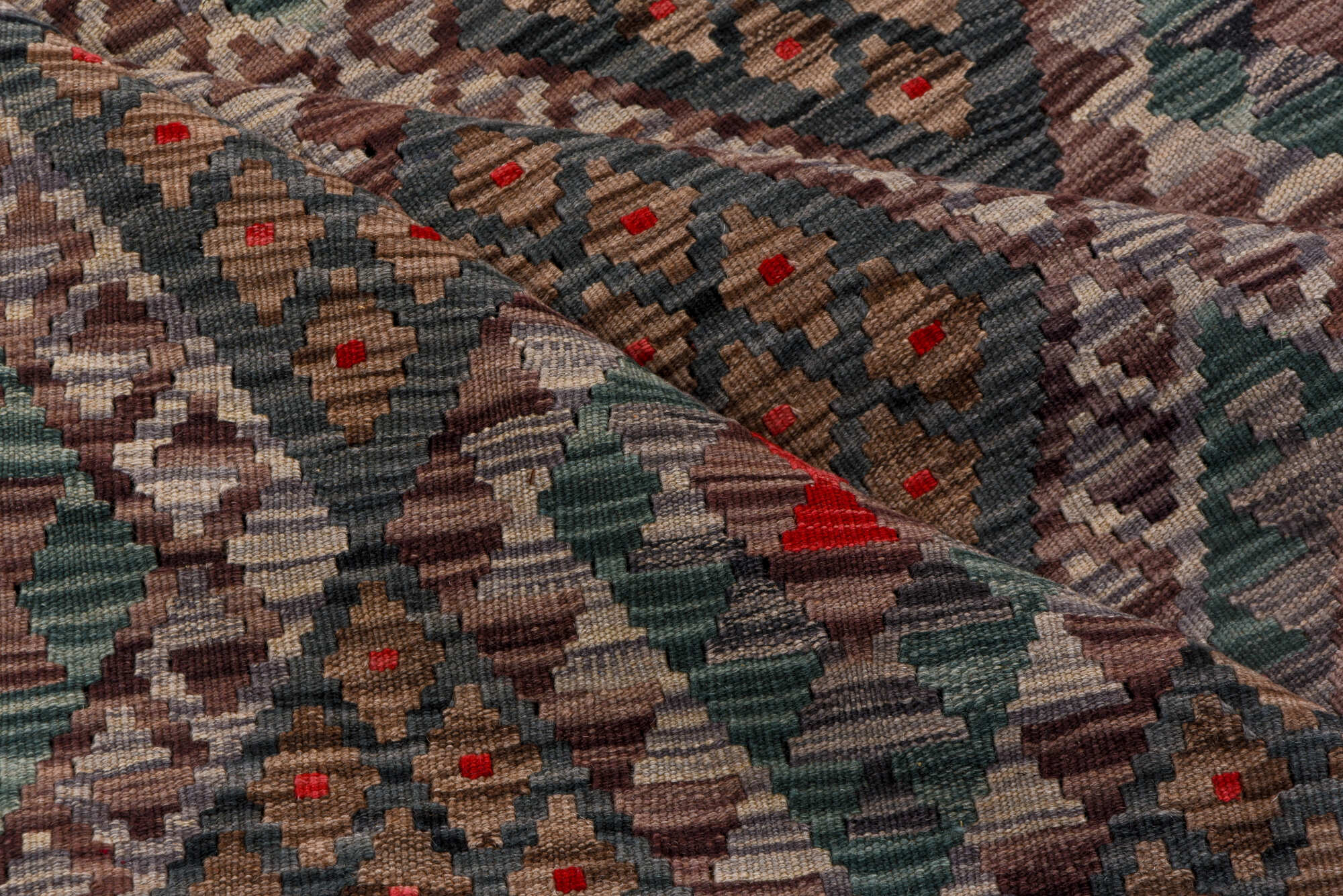 6' x 7' one-of-a-kind handmade vintage Kilim rug. Color palette: black, brown, burgundy, charcoal, dim gray, gray, pink, red